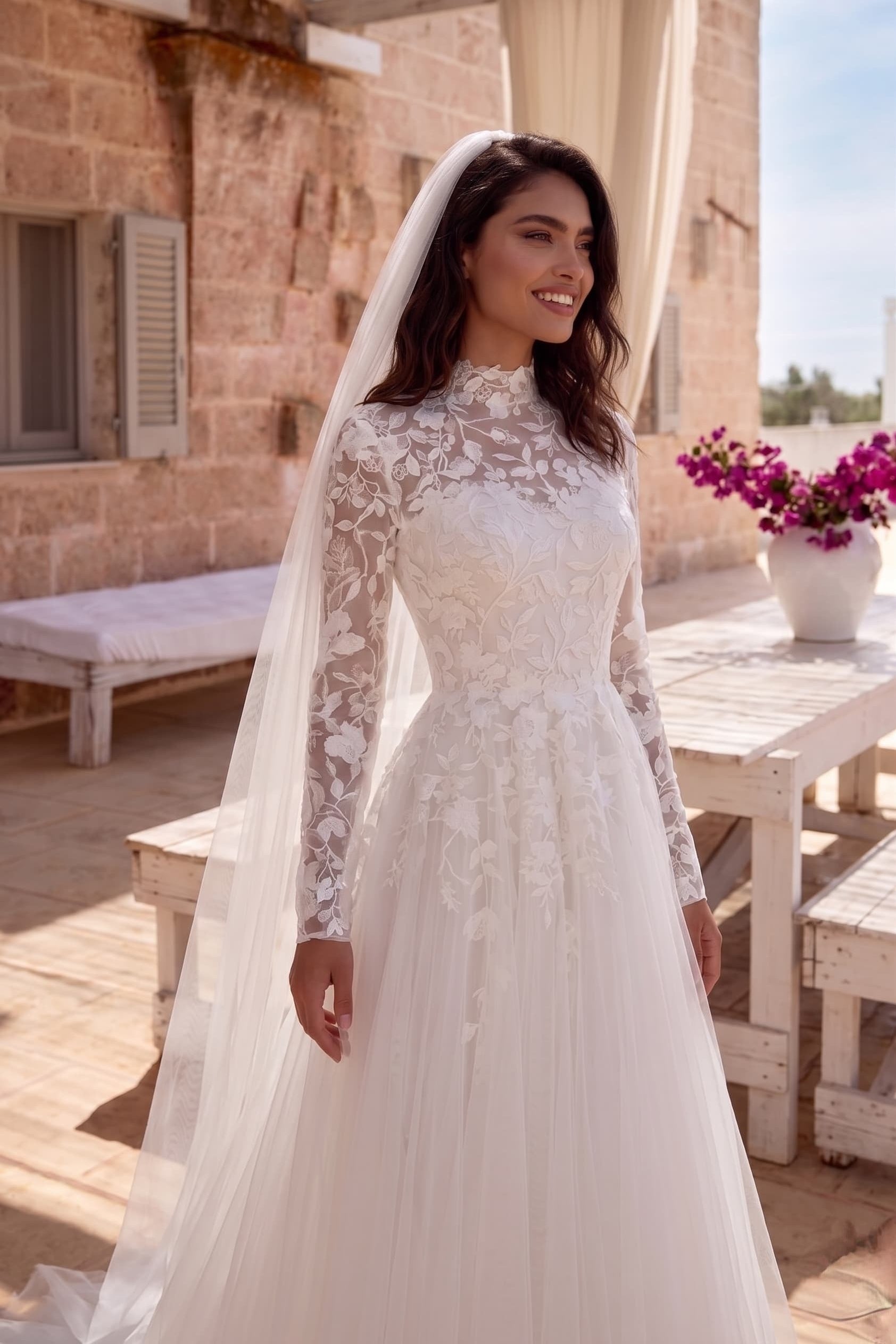 3D Floral Lace Tulle A-Line Wedding Dress with High Neck Long