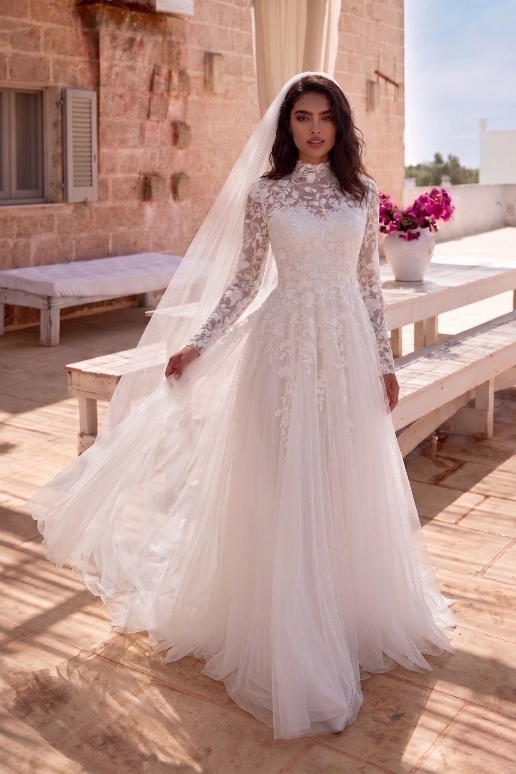3D Floral Lace Tulle A-Line Wedding Dress with High Neck Long