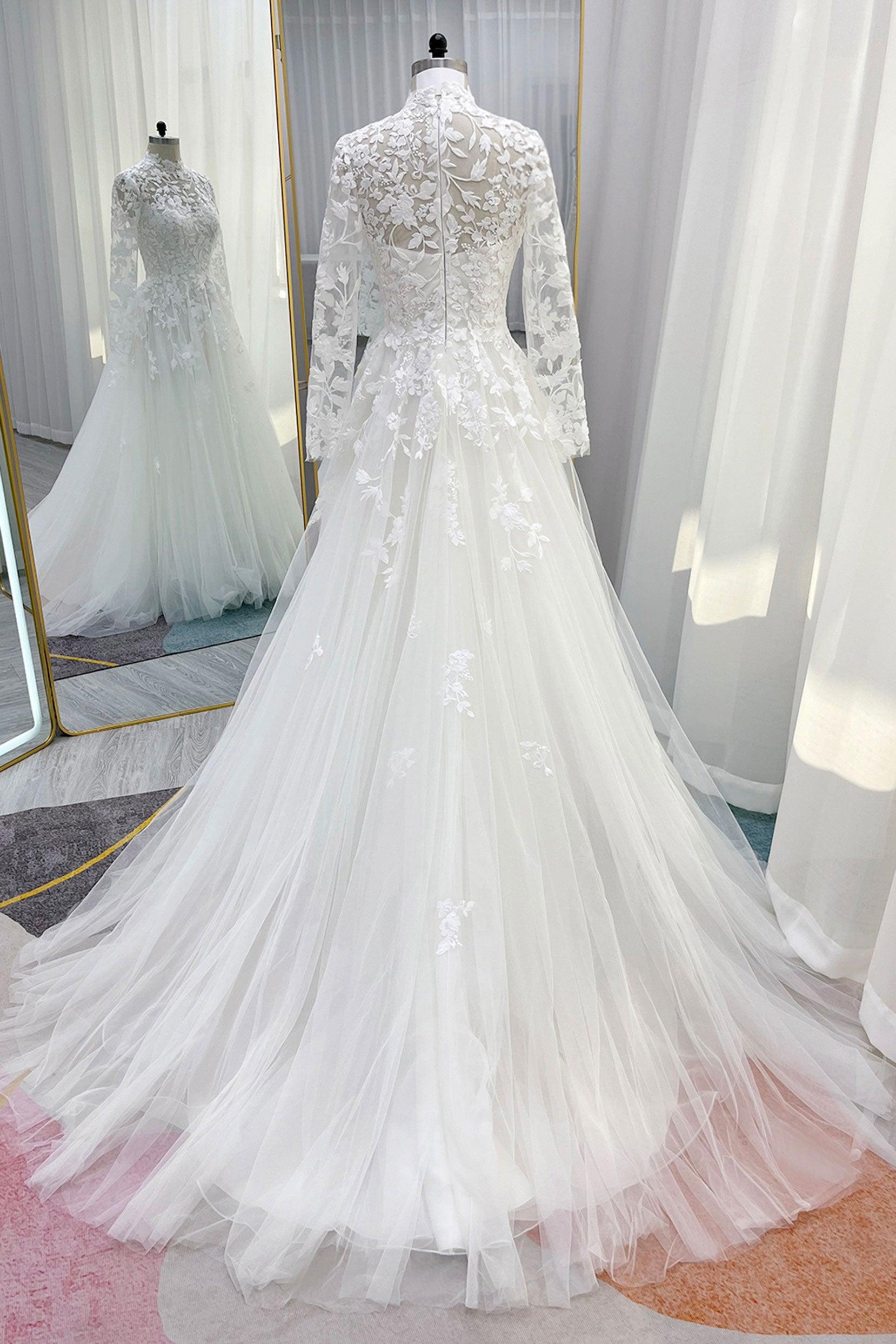 A-Line Court Train Lace Tulle Wedding Dress CW3234 - COCOMELODY
