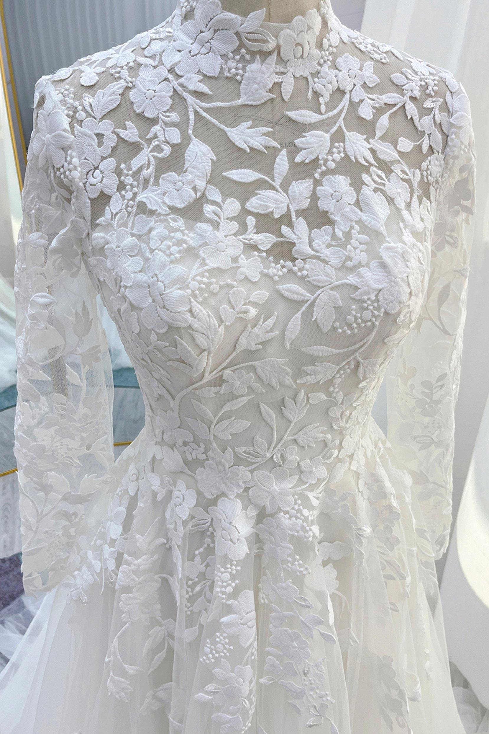 A-Line Court Train Lace Tulle Wedding Dress CW3234 - COCOMELODY