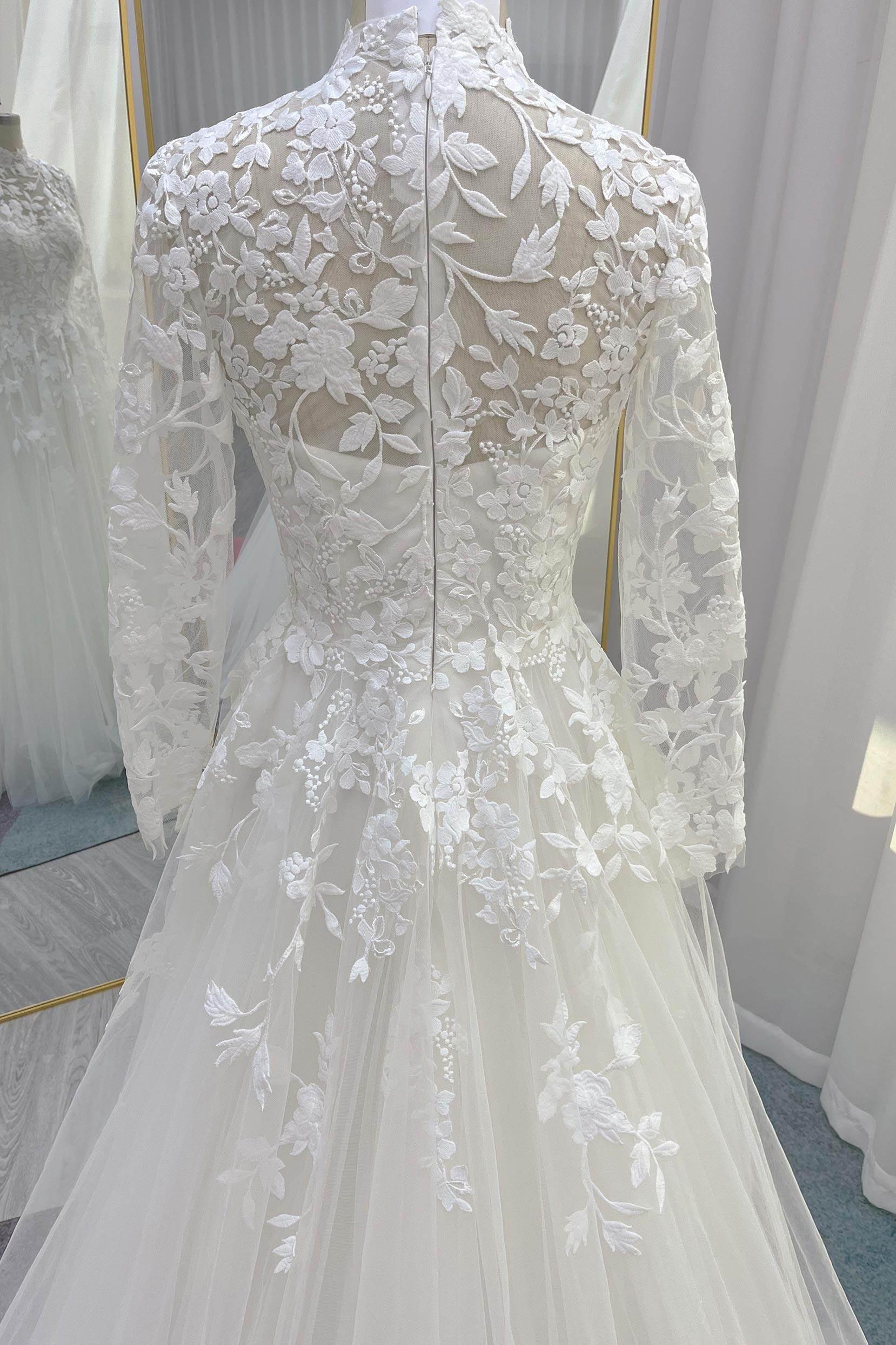 3D Floral Lace Tulle A-Line Wedding Dress with High Neck Long Sleeves COCOMELODY CW3234, 35 Days / Black / US18-UK20-EUR48 3D Floral Lace Tulle A-Line Wedding Dress with High Neck Long Sleeves COCOMELODY CW3234, 35 Days / Black / US18-UK20-EUR48