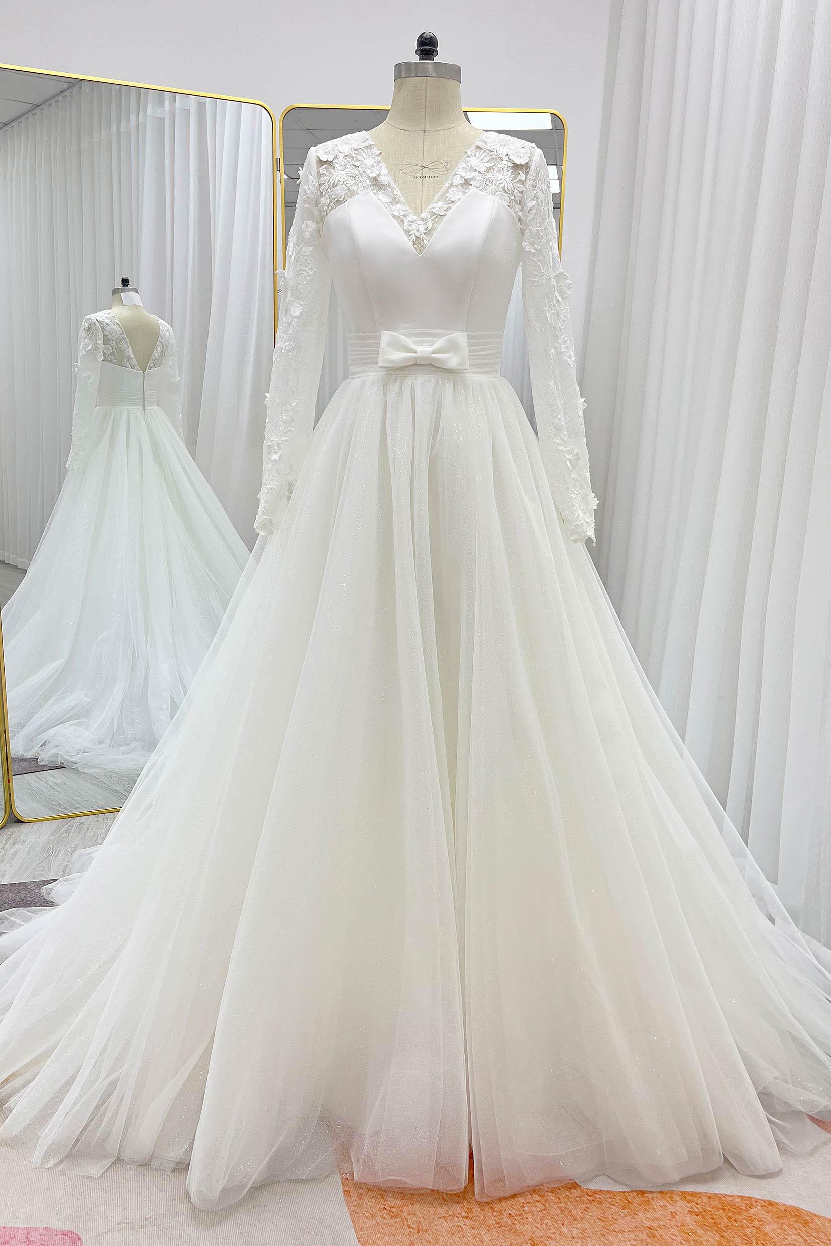 A-Line Chapel Train Mikado Lace Wedding Dress CW3236 - COCOMELODY
