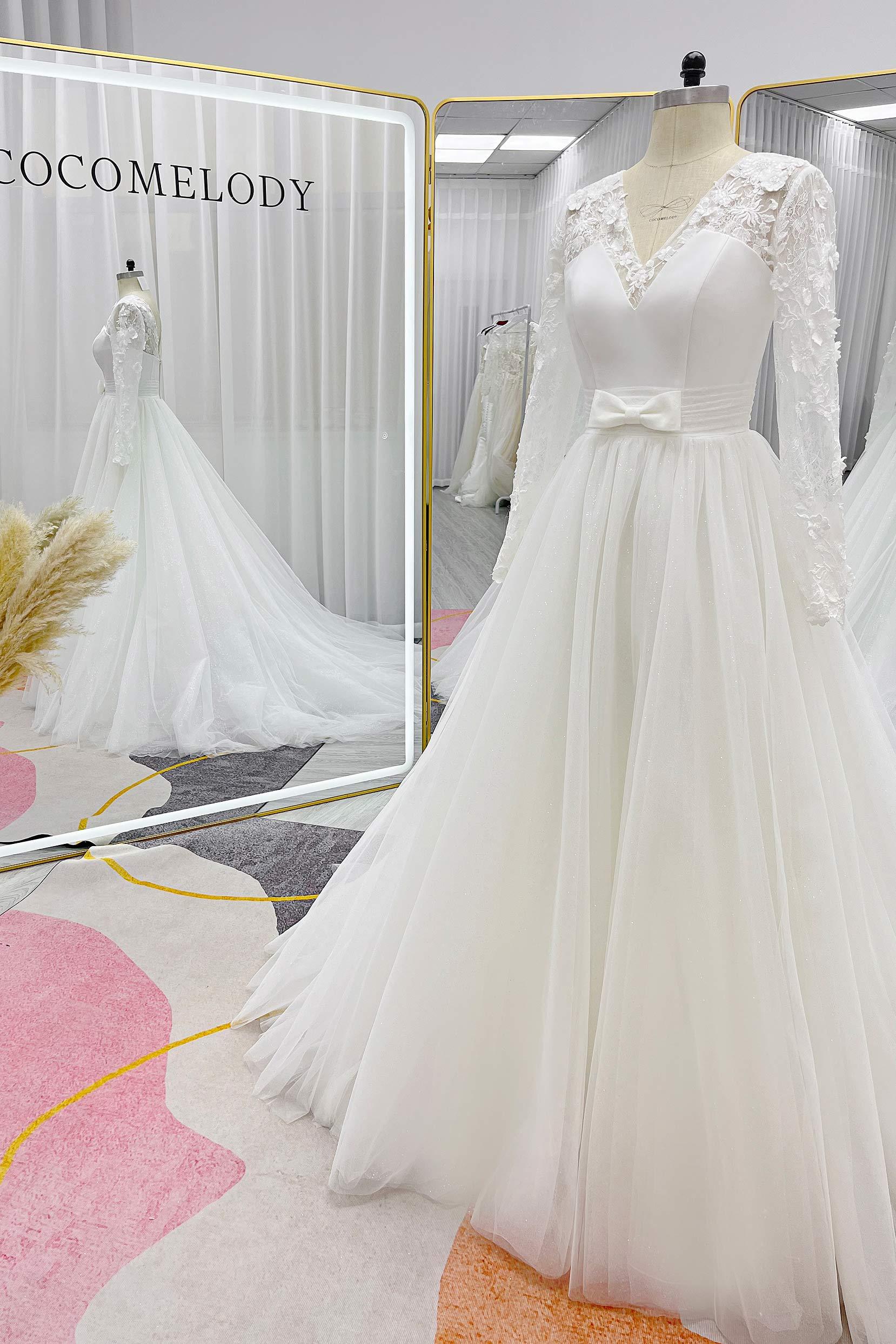 A-Line Chapel Train Mikado Lace Wedding Dress CW3236 - COCOMELODY
