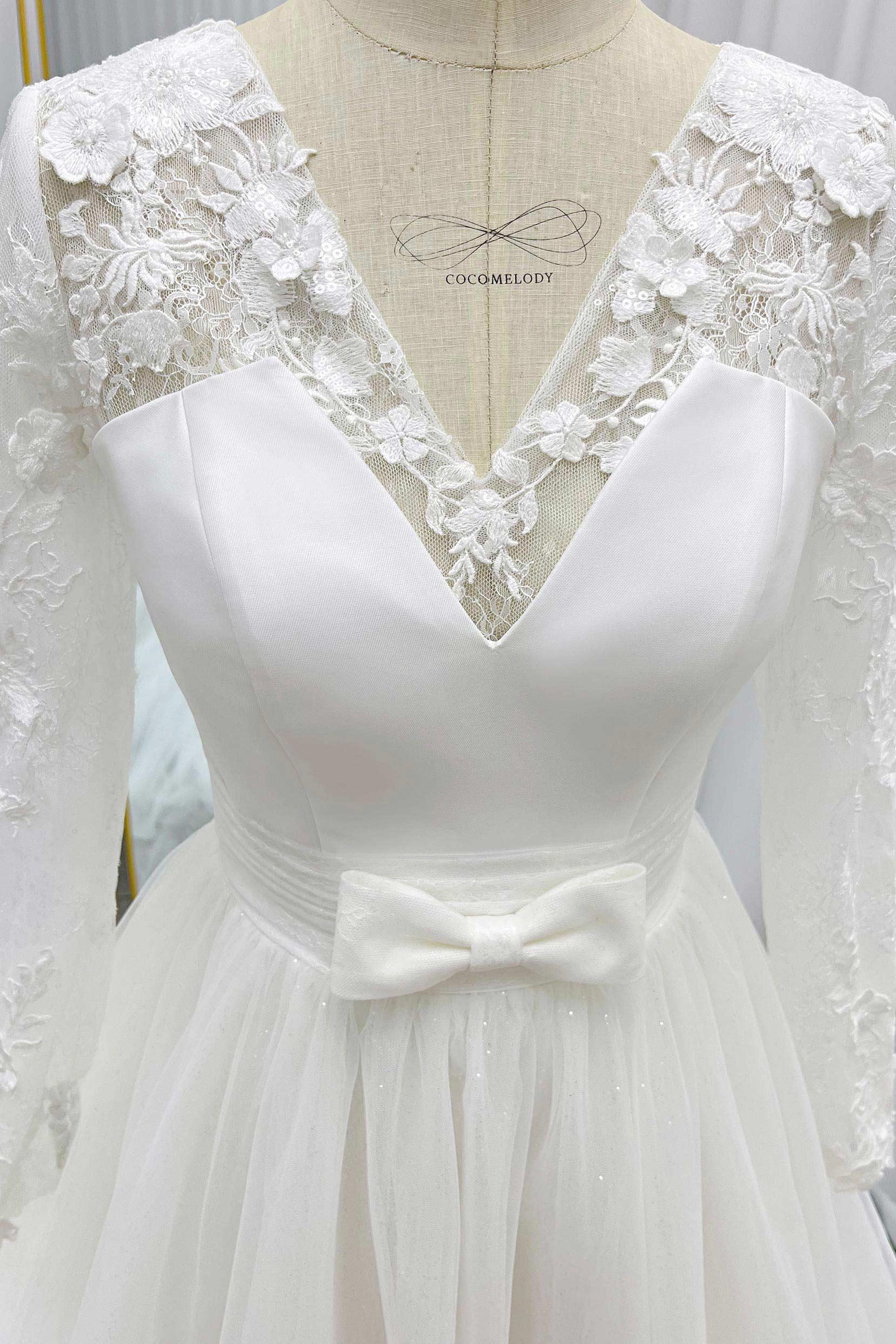 A-Line Chapel Train Mikado Lace Wedding Dress CW3236 - COCOMELODY
