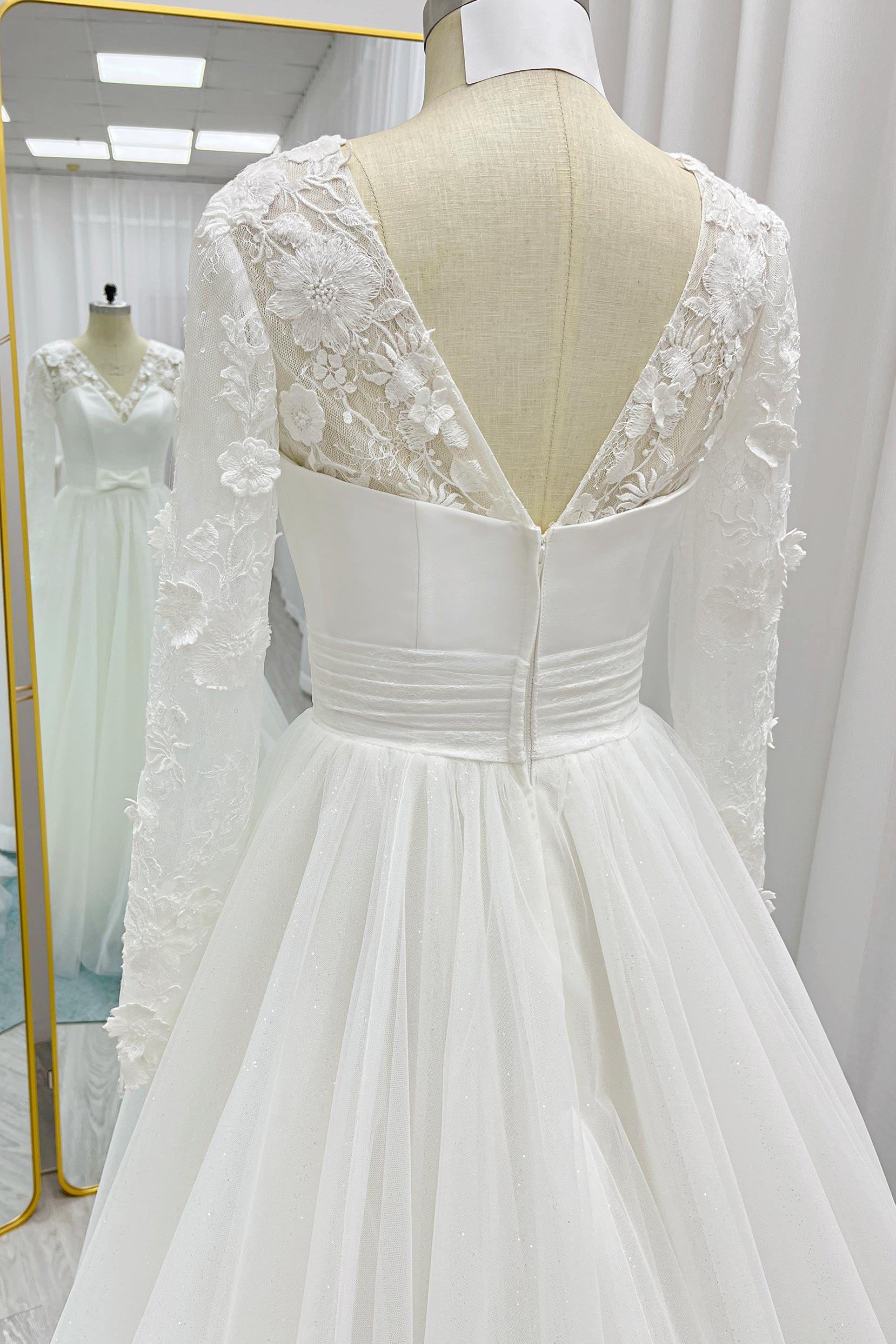 A-Line Chapel Train Mikado Lace Wedding Dress CW3236 - COCOMELODY