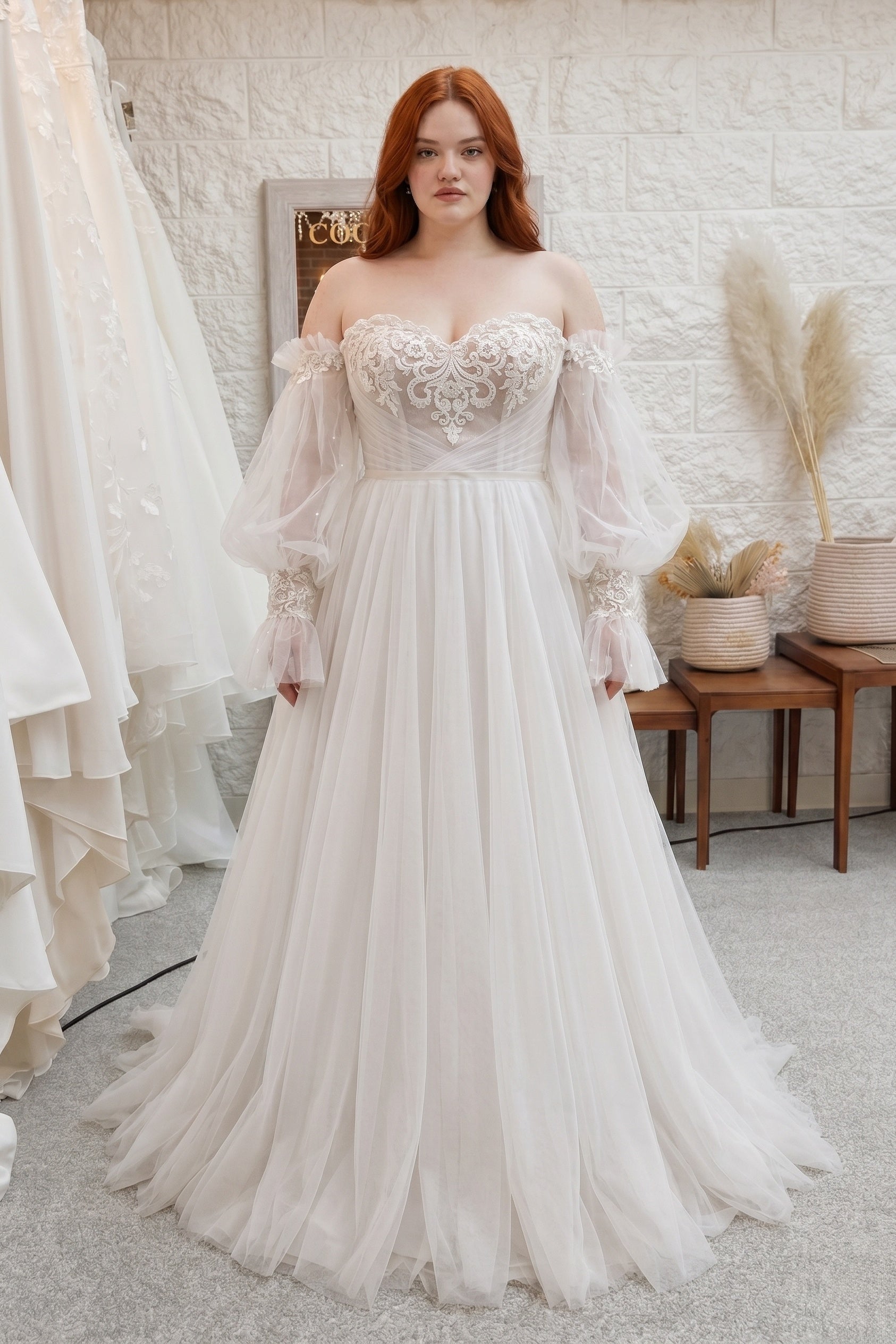 A-Line Wedding Dress Detachable Sleeves Sweetheart Tulle Court