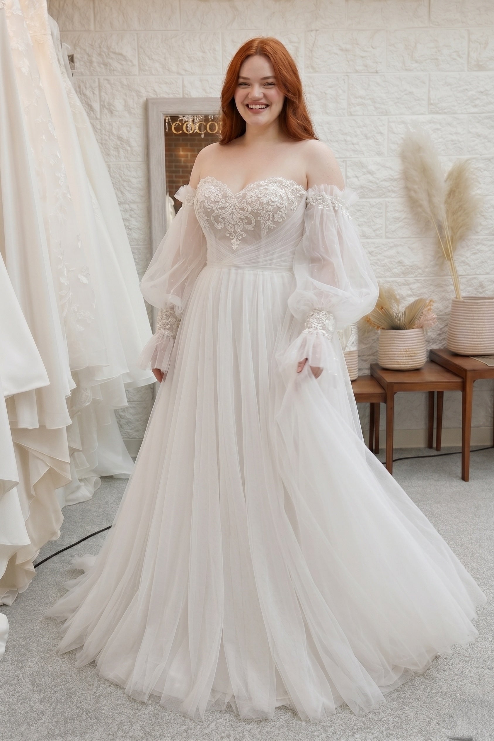 Lace A-Line Wedding Dress Sweetheart Neckline Long Sleeve Bridal Gown Train COCOMELODY CW3237, 35 Days / As Picture:Ivory/Sand / US6-UK8-EUR36