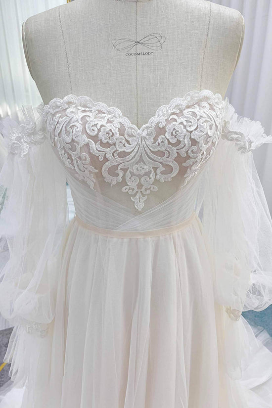 A-Line Sweetheart Court Train Lace Tulle Bridal Wedding Dress main image 1