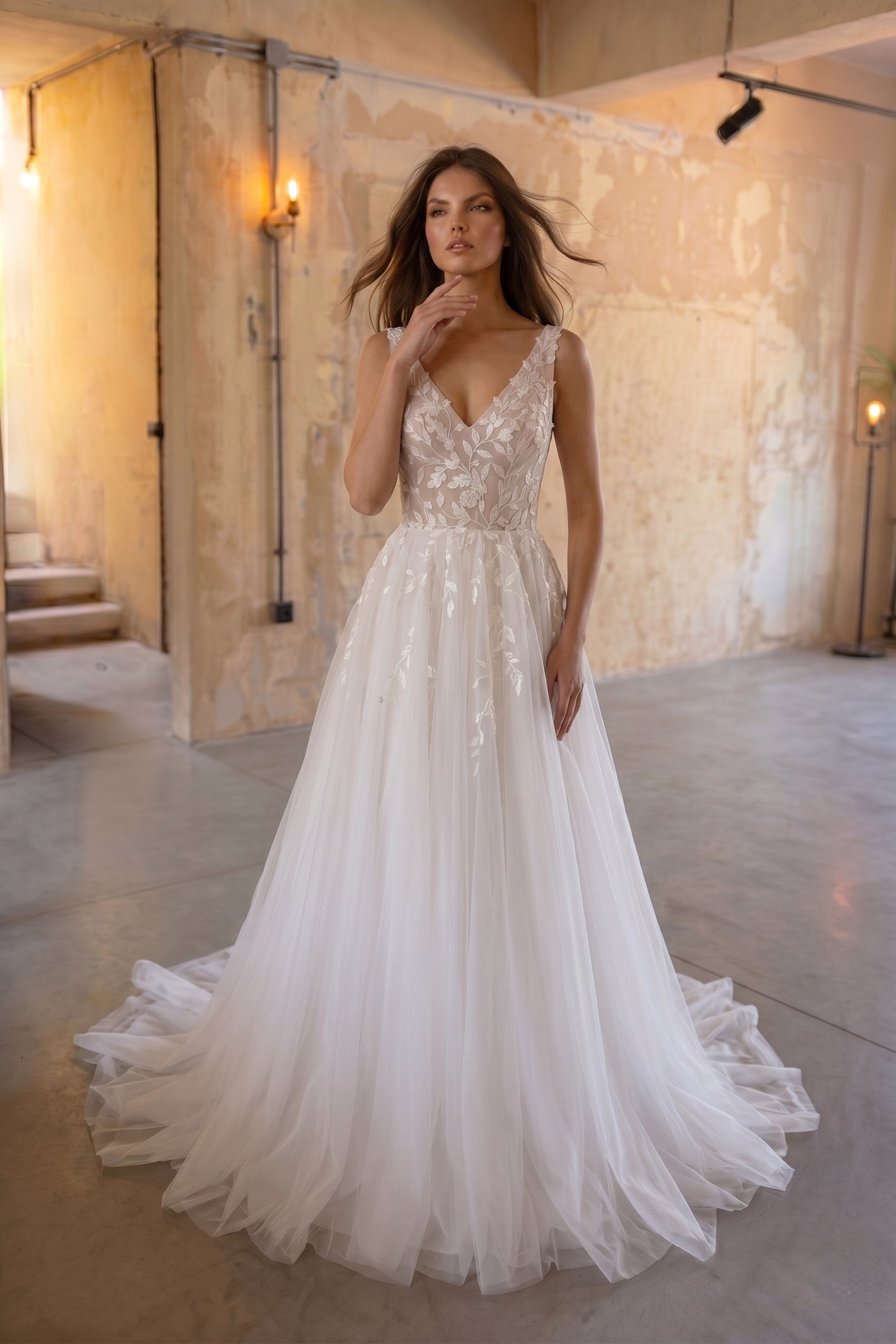 A-Line Court Train Lace Tulle Wedding Dress CW3238