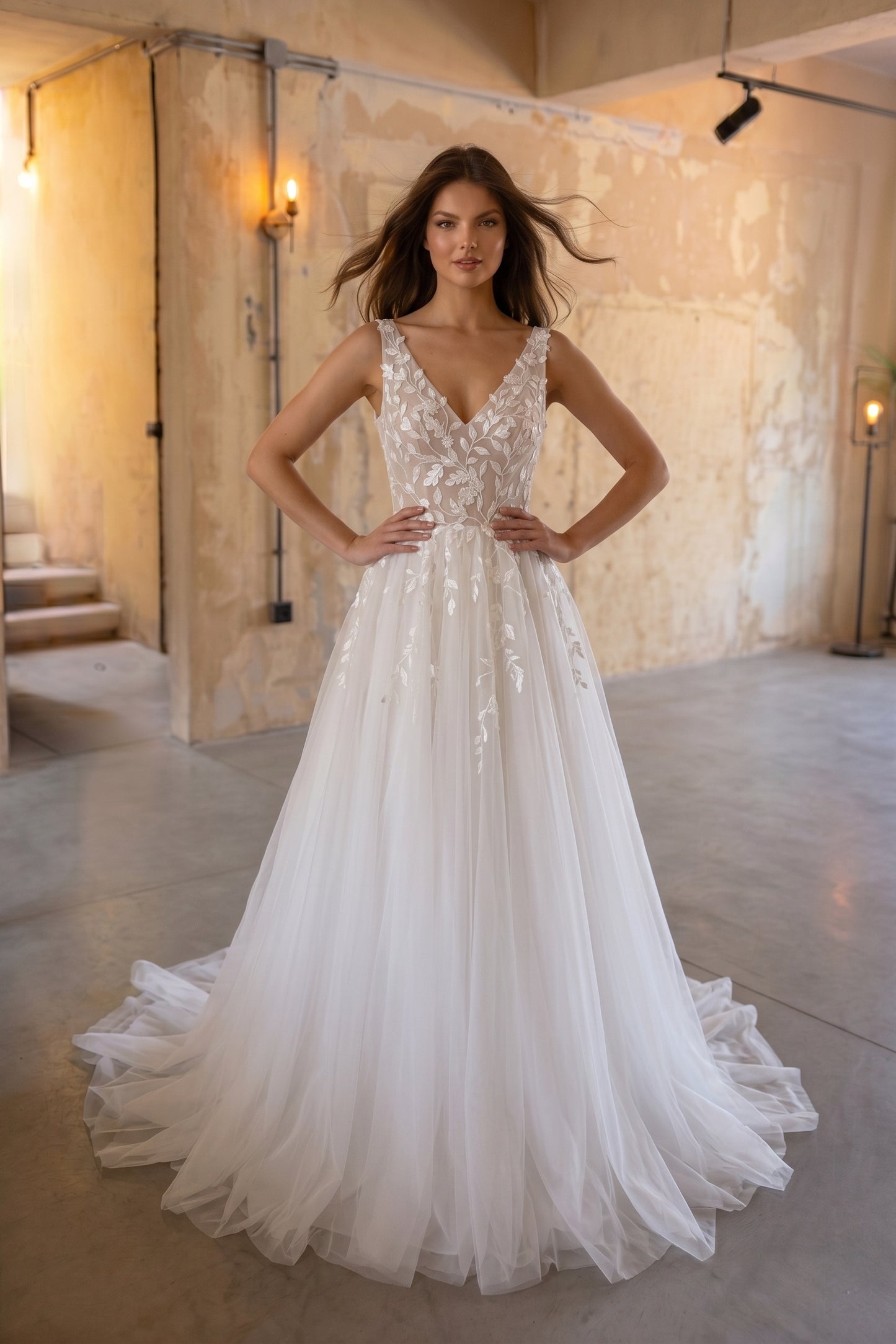 A-Line Court Train Lace Tulle Wedding Dress CW3238