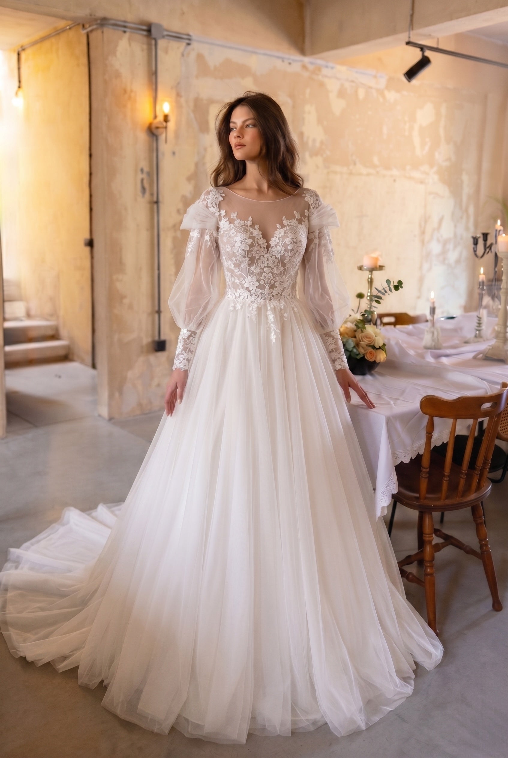Elegant Lace A-Line Garden Wedding Dress with Puff Sleeves COCOMELODY CW3240, 35 Days / Ivory / US8-UK10-EUR38