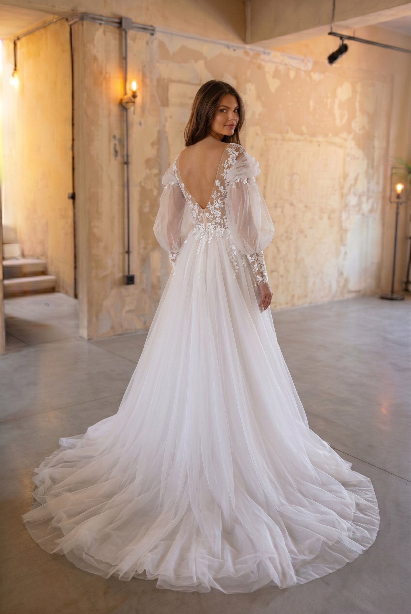 A-Line Chapel Train Lace Tulle Wedding Dress CW3240
