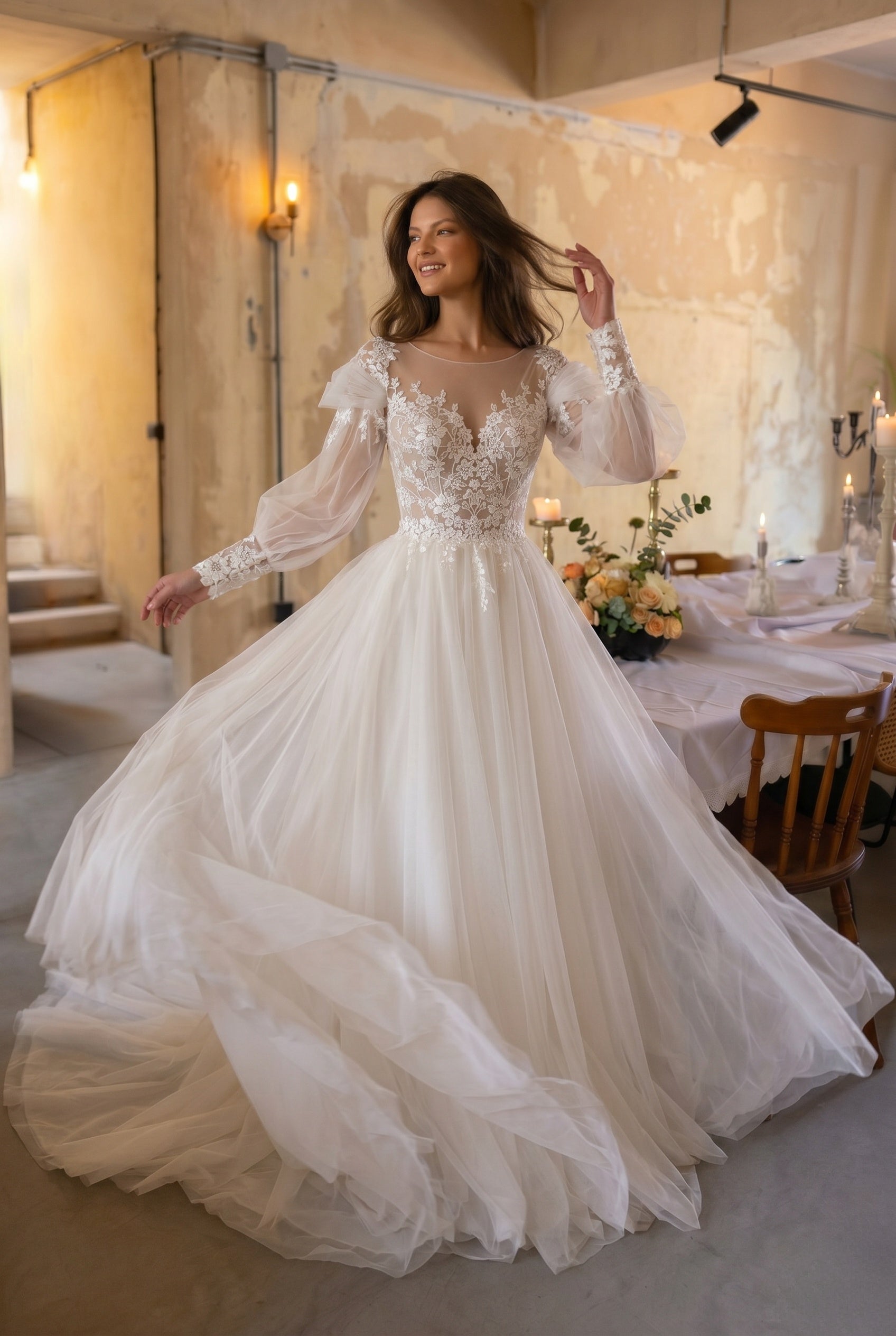 Scoop Lace A-Line Garden Wedding Dress Puff Sleeves with Appliques Pleats COCOMELODY CW3240, 35 Days / Ivory / US8-UK10-EUR38