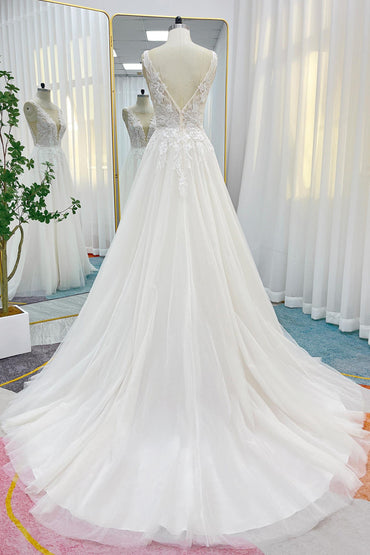 A-Line Chapel Train Lace Tulle Wedding Dress CW3241