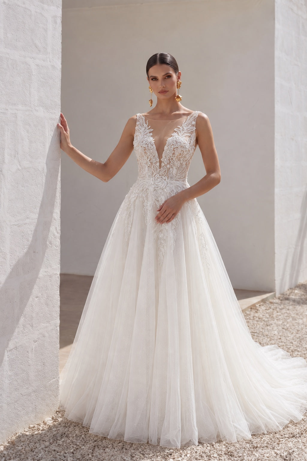 A-Line Chapel Train Lace Tulle Wedding Dress CW3241