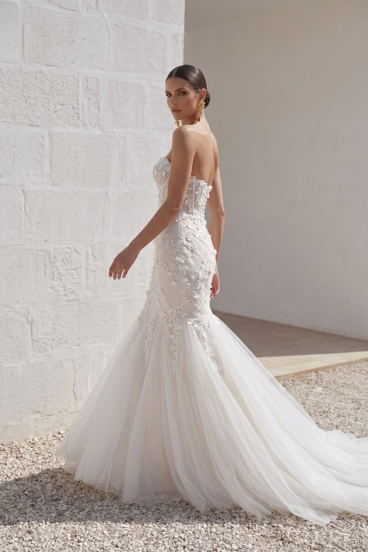 Trumpet-Mermaid Court Train Lace Tulle Wedding Dress CW3244