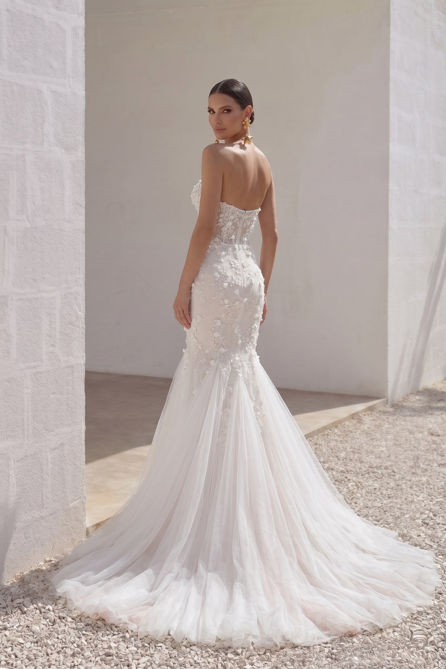 Trumpet-Mermaid Court Train Lace Tulle Wedding Dress CW3244