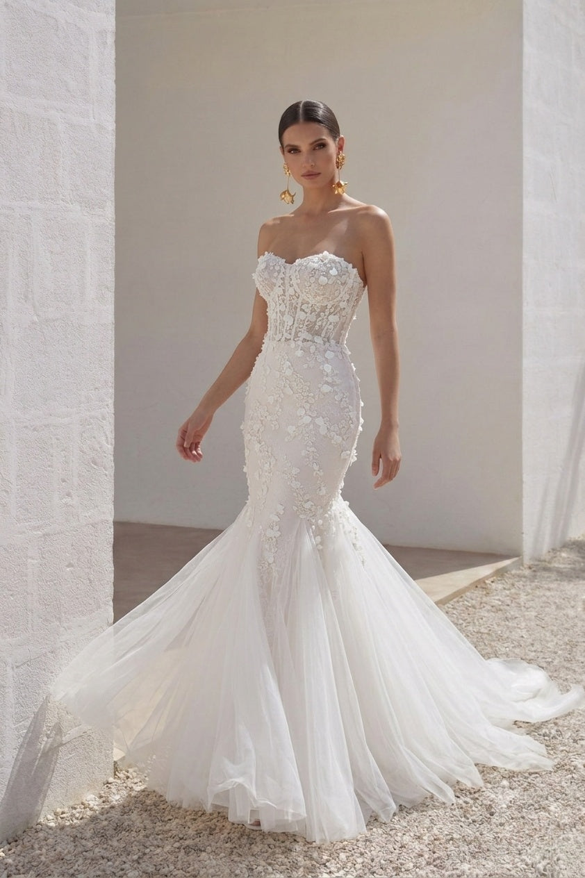 Trumpet-Mermaid Court Train Lace Tulle Wedding Dress CW3244