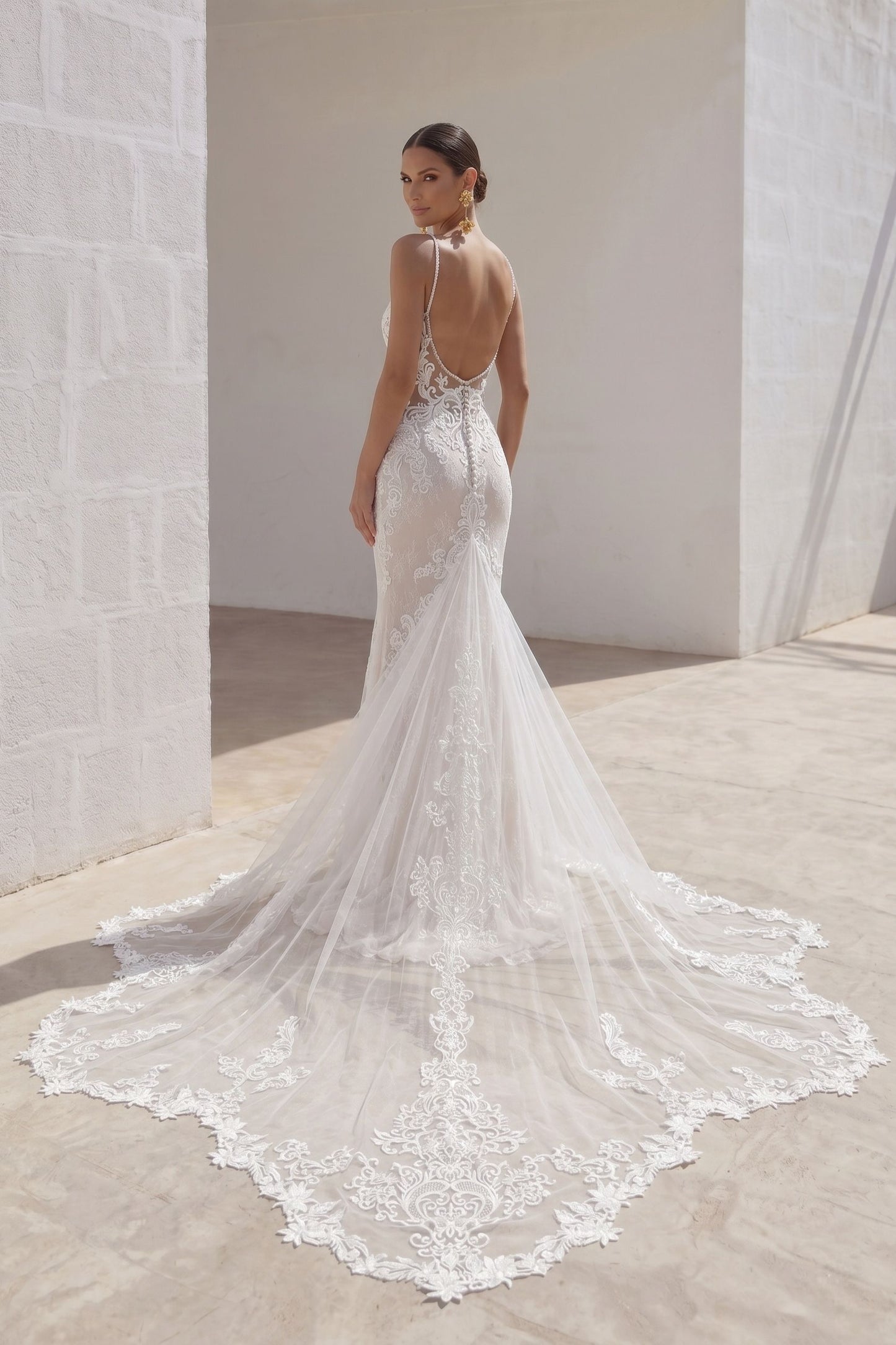 Trumpet-Mermaid Chapel Train Lace Tulle Wedding Dress CW3249