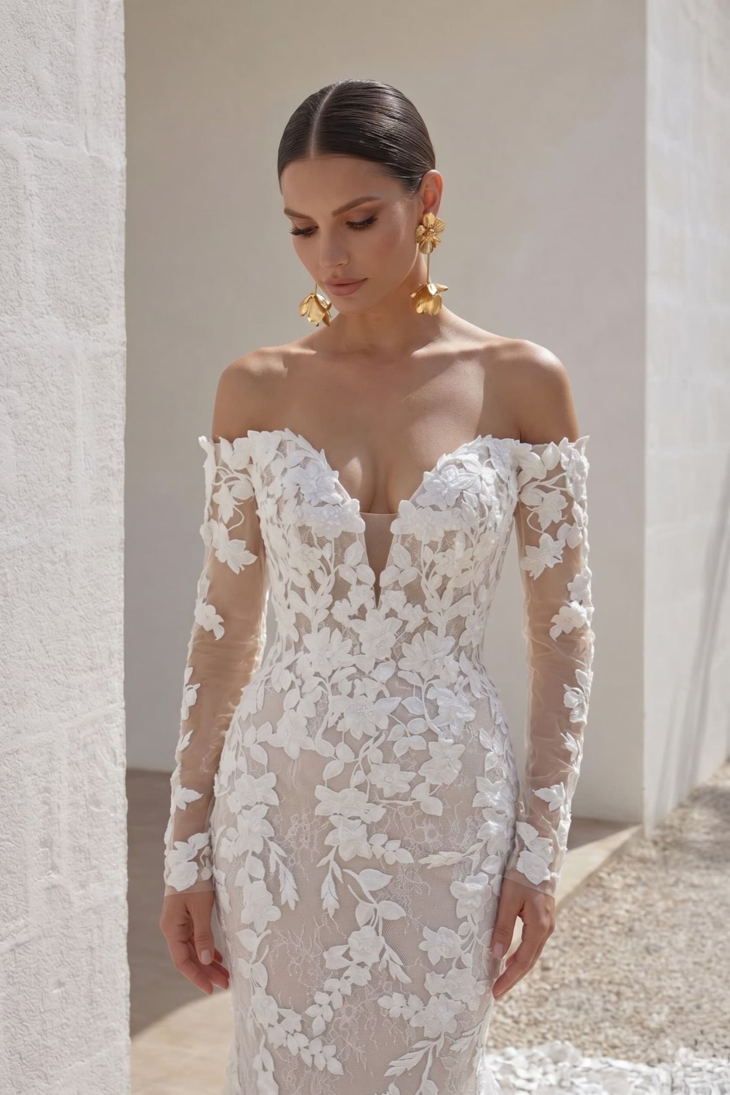 Trumpet-Mermaid Court Train Lace Tulle Wedding Dress CW3250