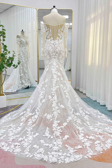 Trumpet-Mermaid Court Train Lace Tulle Wedding Dress CW3250 - COCOMELODY