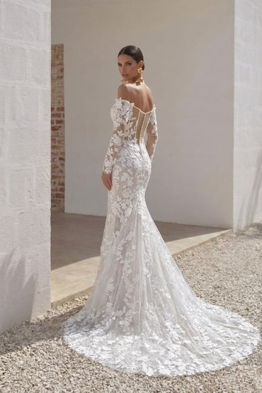 Trumpet-Mermaid Court Train Lace Tulle Wedding Dress CW3250