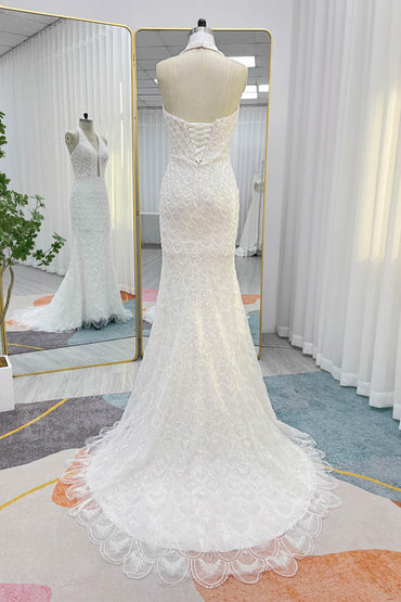Trumpet-Mermaid Court Train Lace Tulle Wedding Dress CW3252 - COCOMELODY