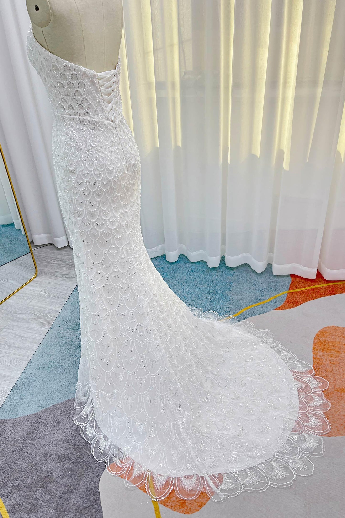 Trumpet-Mermaid Court Train Lace Tulle Wedding Dress CW3252