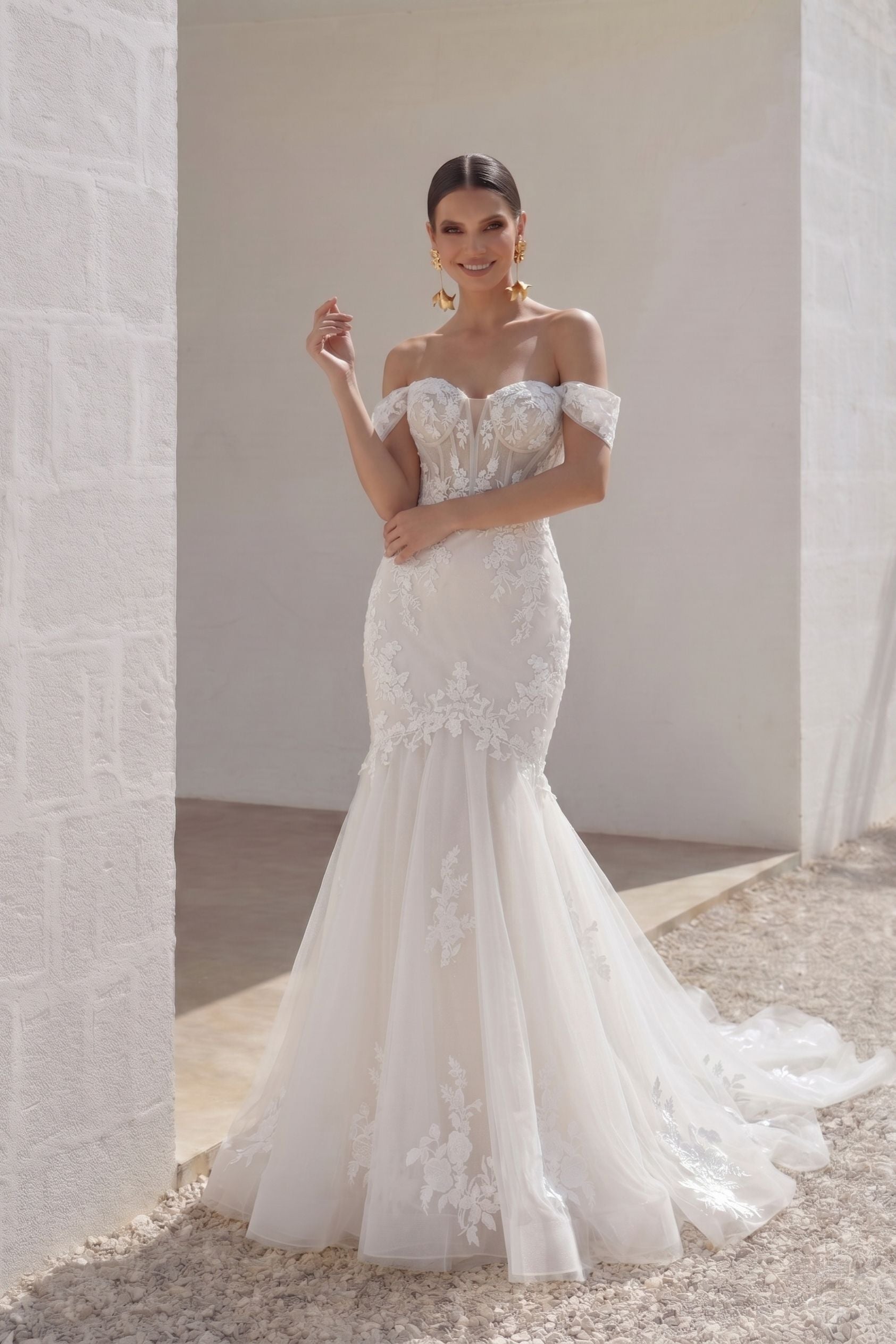 Off Shoulder Mermaid Wedding Dress Lace Appliques Beading Chapel Train COCOMELODY CW3255, 45 Days / Ivory / US18-UK20-EUR48