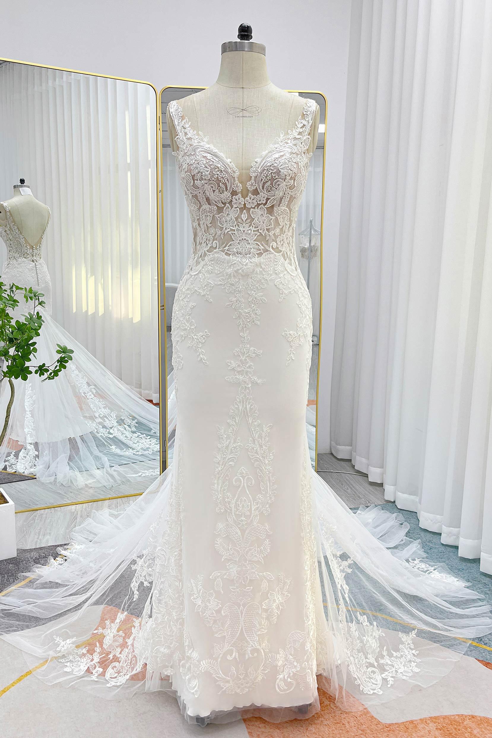 Trumpet-Mermaid Chapel Train Lace Tulle Wedding Dress CW3258 - COCOMELODY