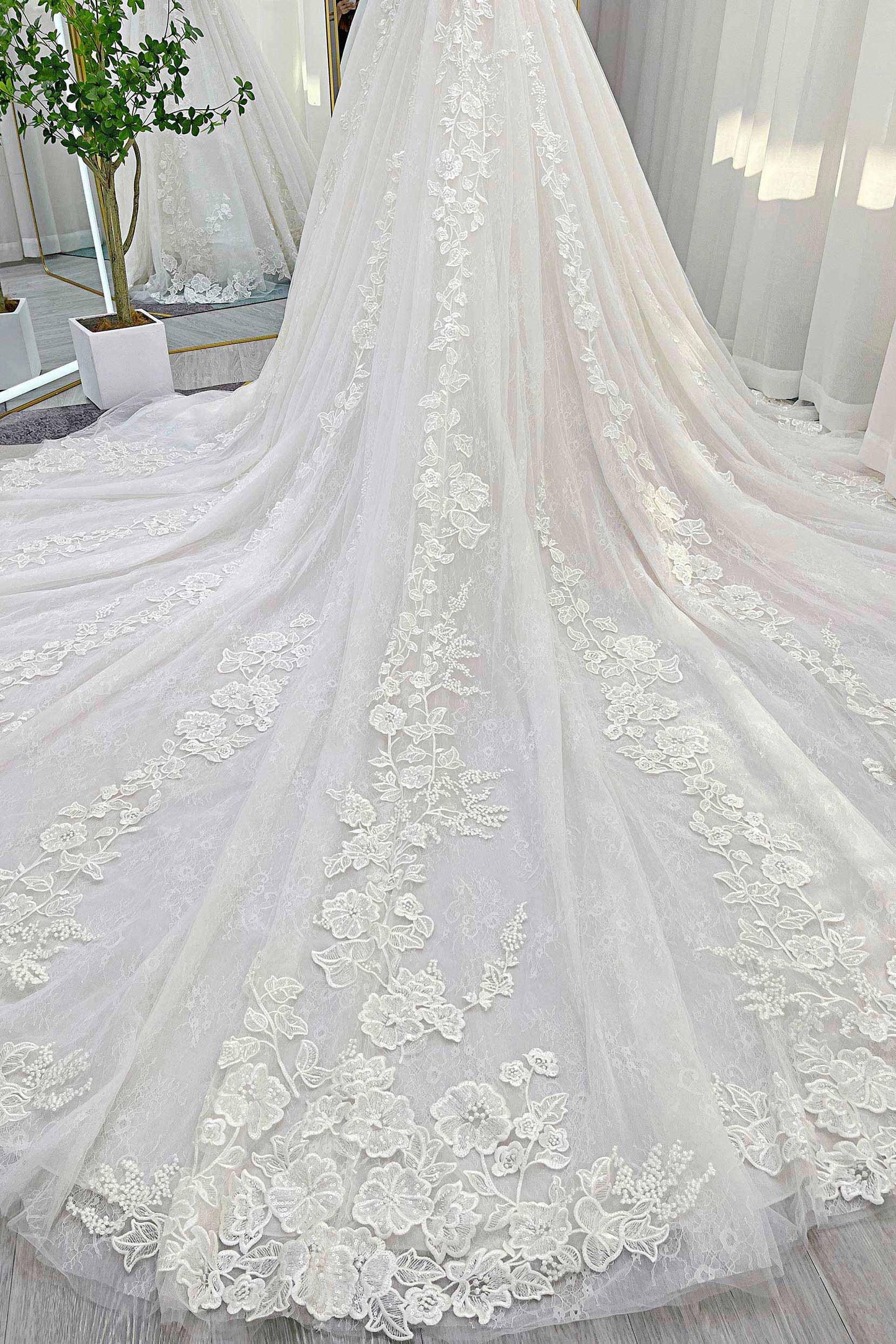 Ball Gown Cathedral Train Lace Tulle Wedding Dress CW3259