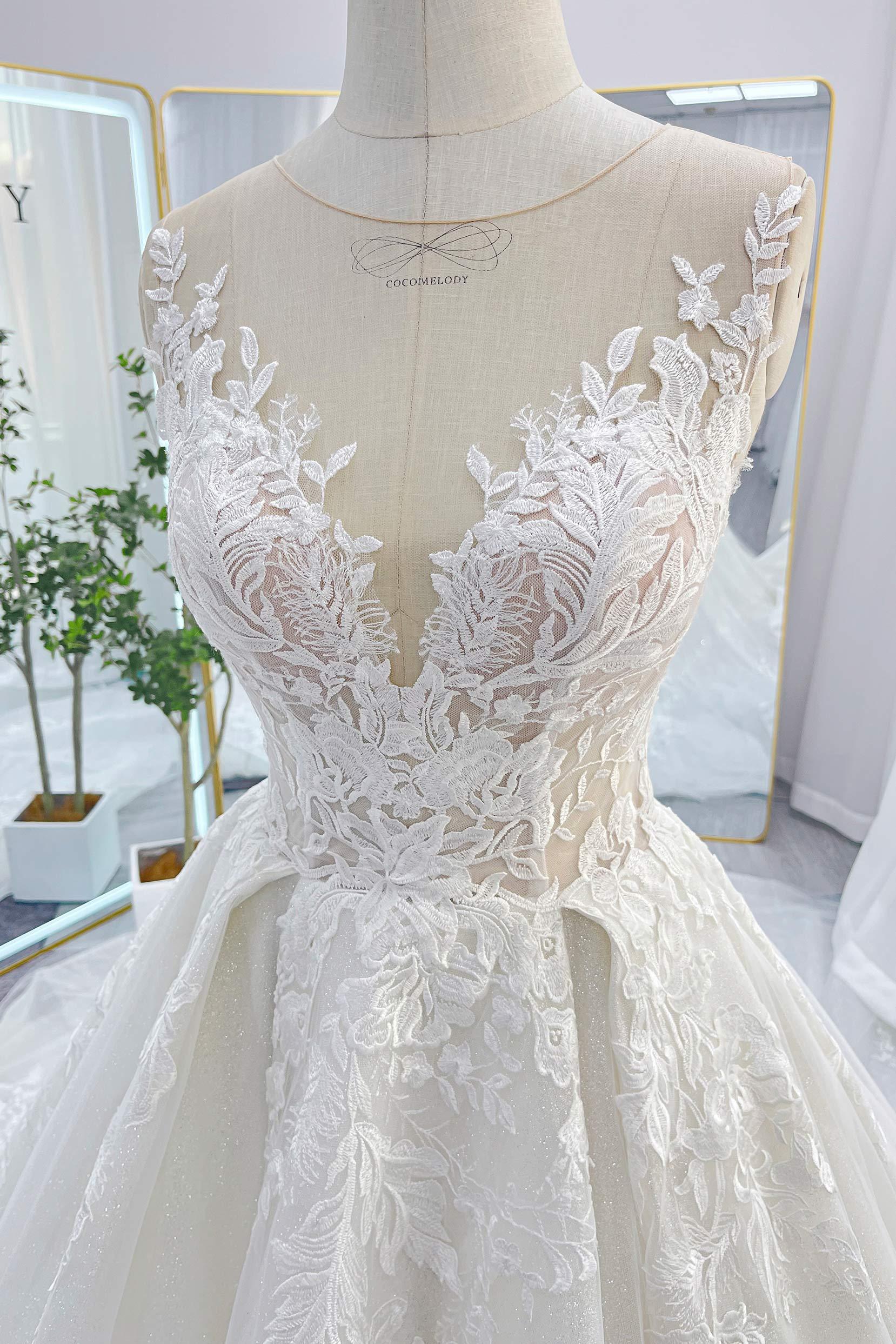 A-Line Chapel Train Lace Tulle Wedding Dress CW3260 - COCOMELODY