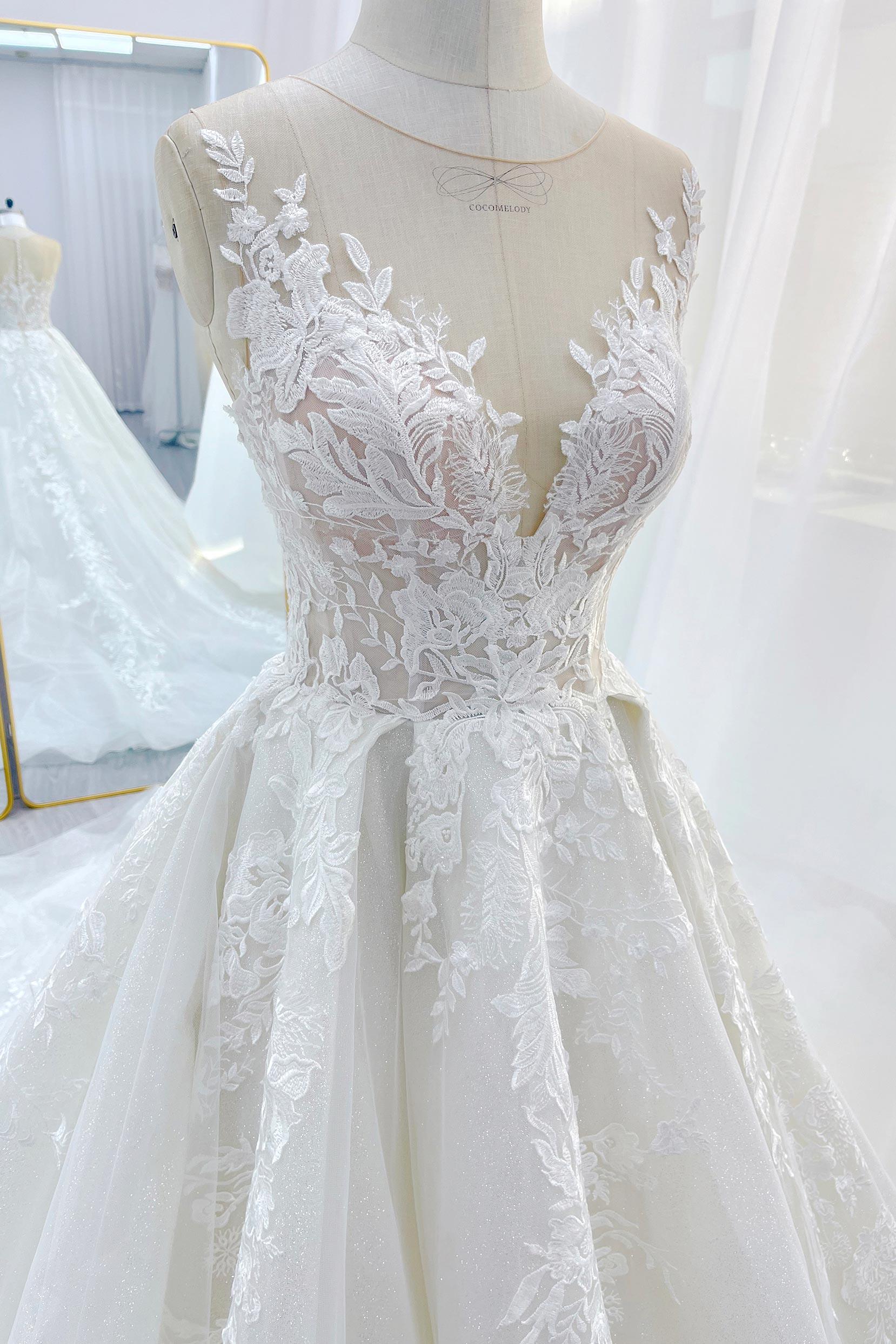 A-Line Chapel Train Lace Tulle Wedding Dress CW3260 - COCOMELODY