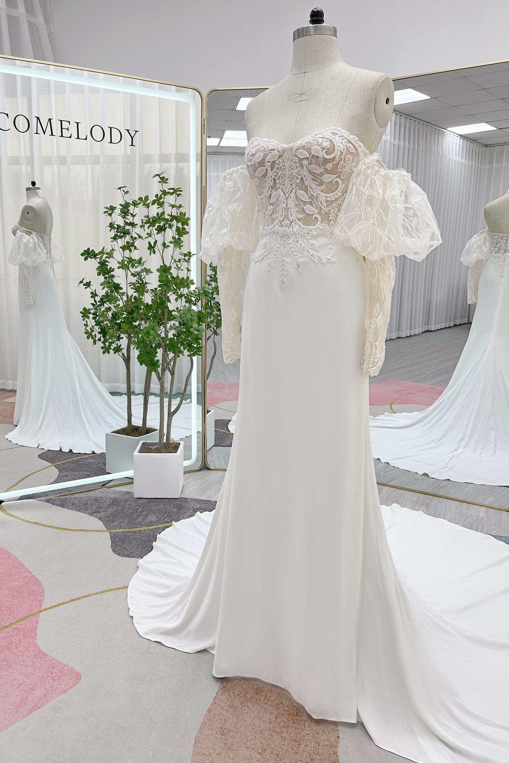 Trumpet-Mermaid Court Train Lace Stretch Satin Wedding Dress CW3266 - COCOMELODY