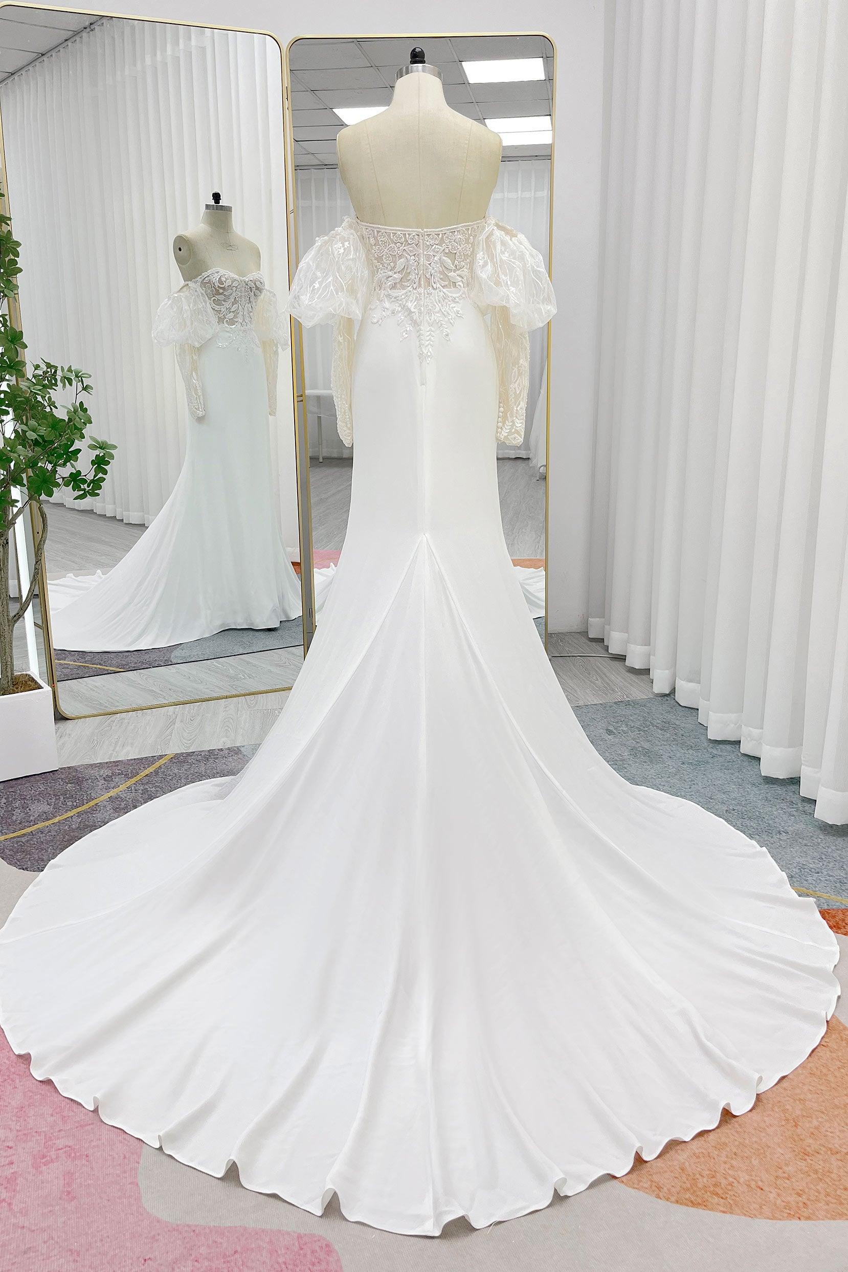 Trumpet-Mermaid Court Train Lace Stretch Satin Wedding Dress CW3266 - COCOMELODY