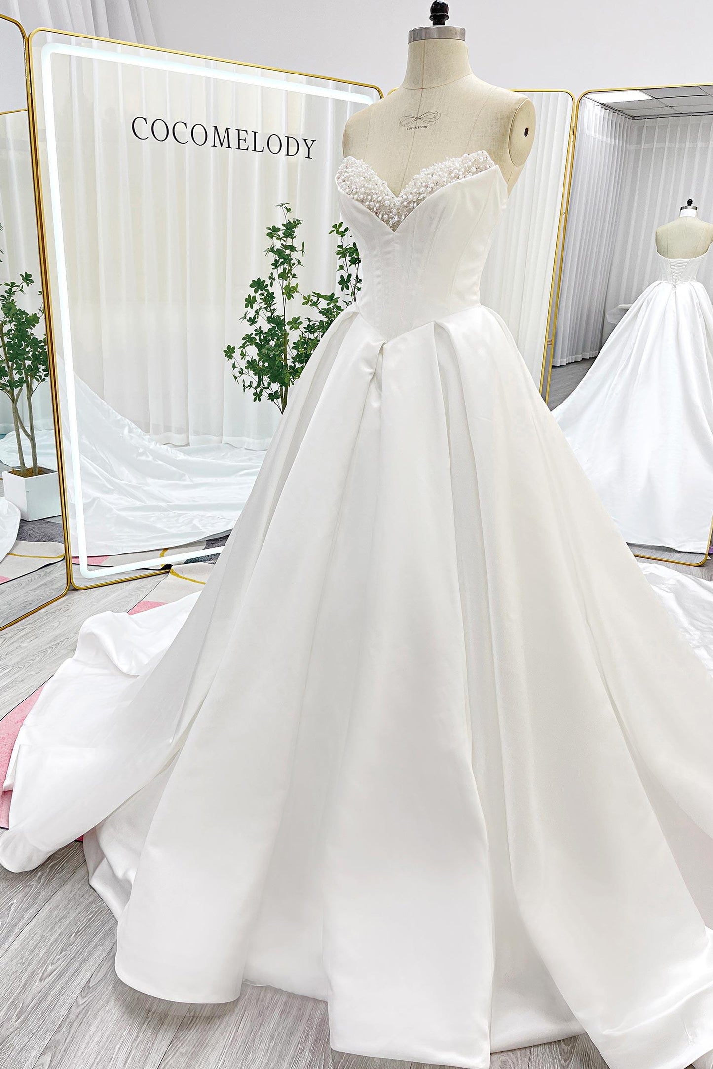 Ball Gown Chapel Train Satin Wedding Dress CW3272 - COCOMELODY