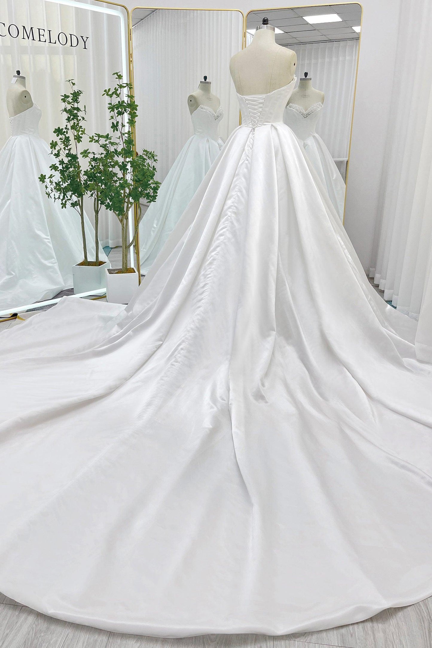 Ball Gown Chapel Train Satin Wedding Dress CW3272 - COCOMELODY