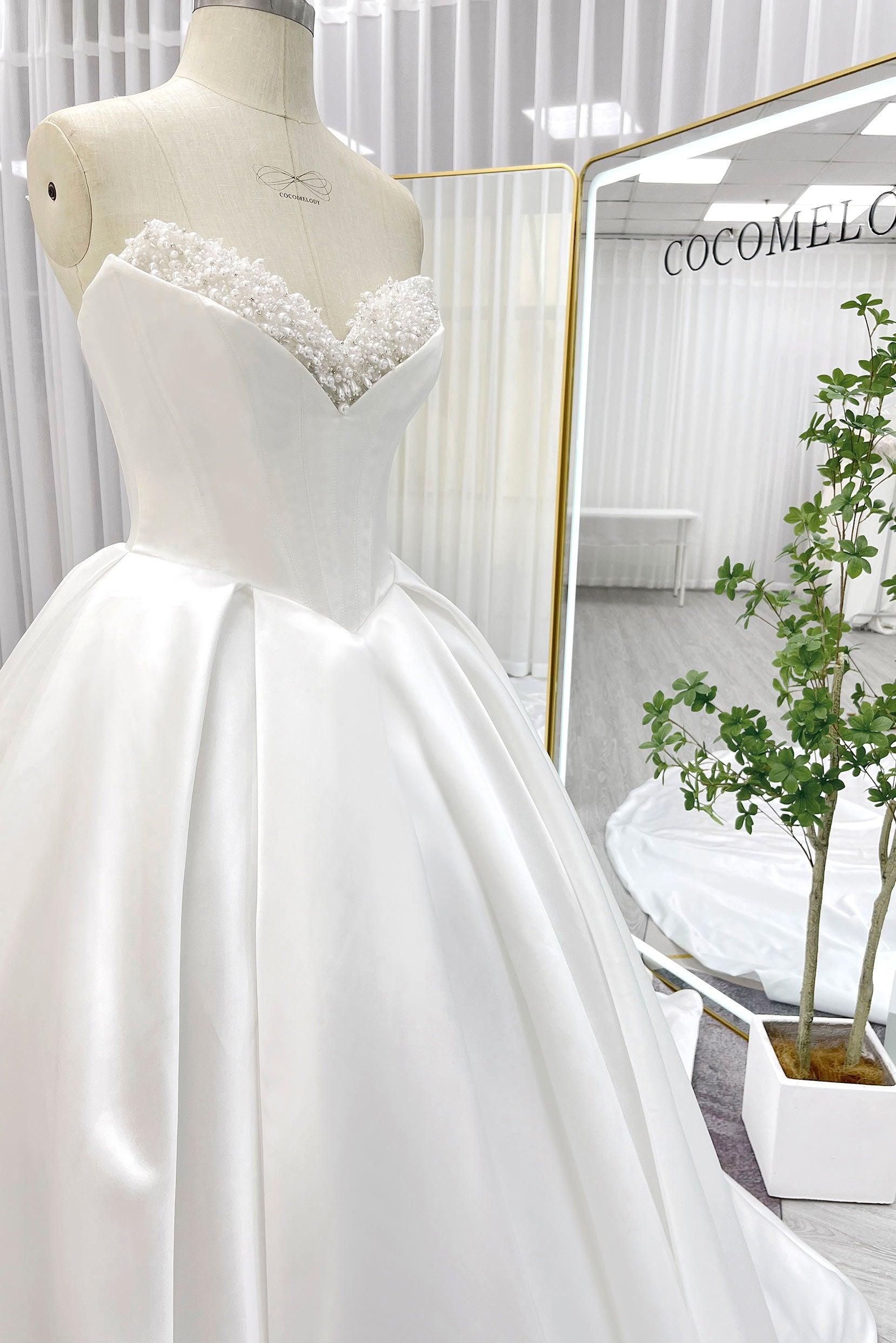 Ball Gown Chapel Train Satin Wedding Dress CW3272 - COCOMELODY