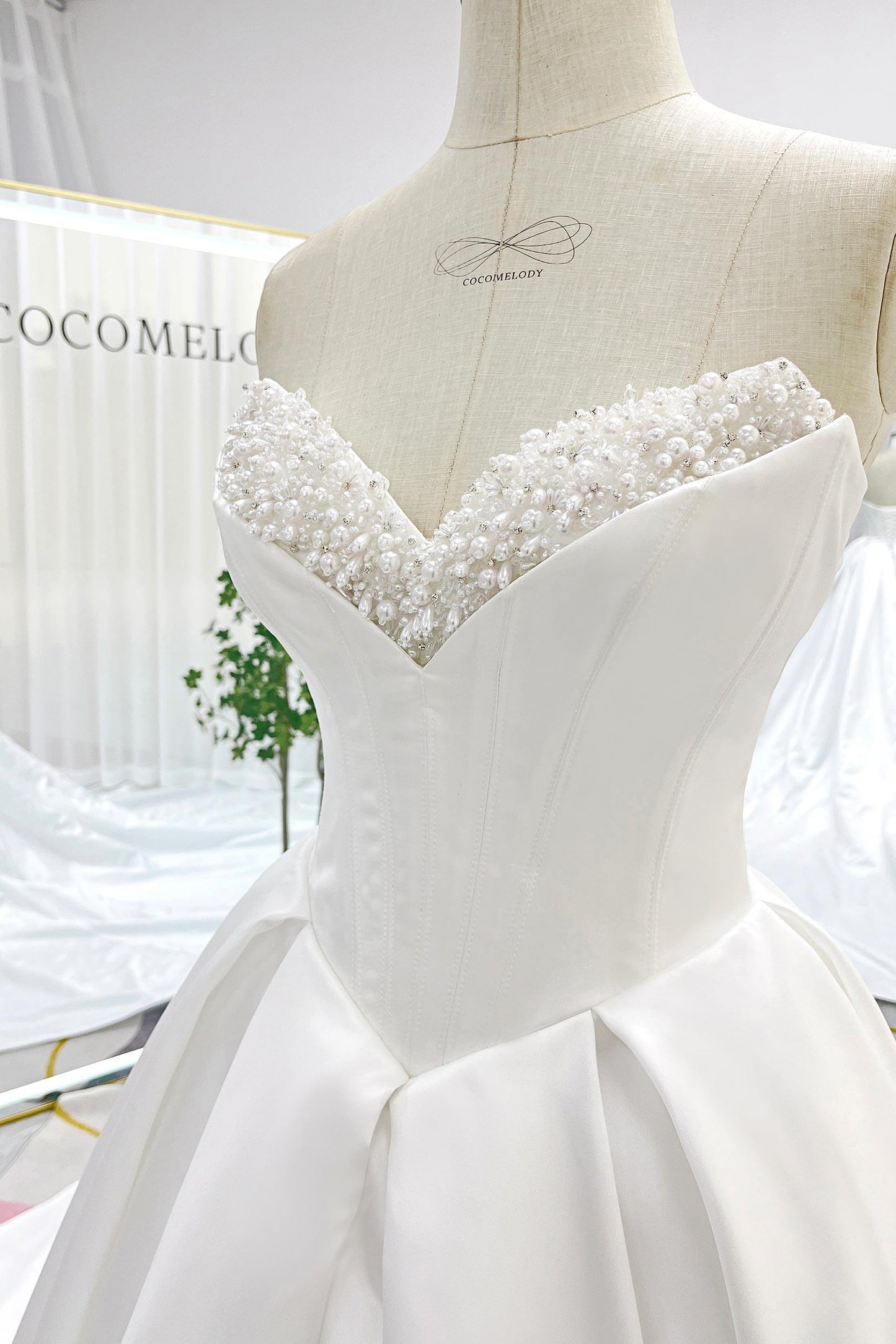 Ball Gown Chapel Train Satin Wedding Dress CW3272 - COCOMELODY