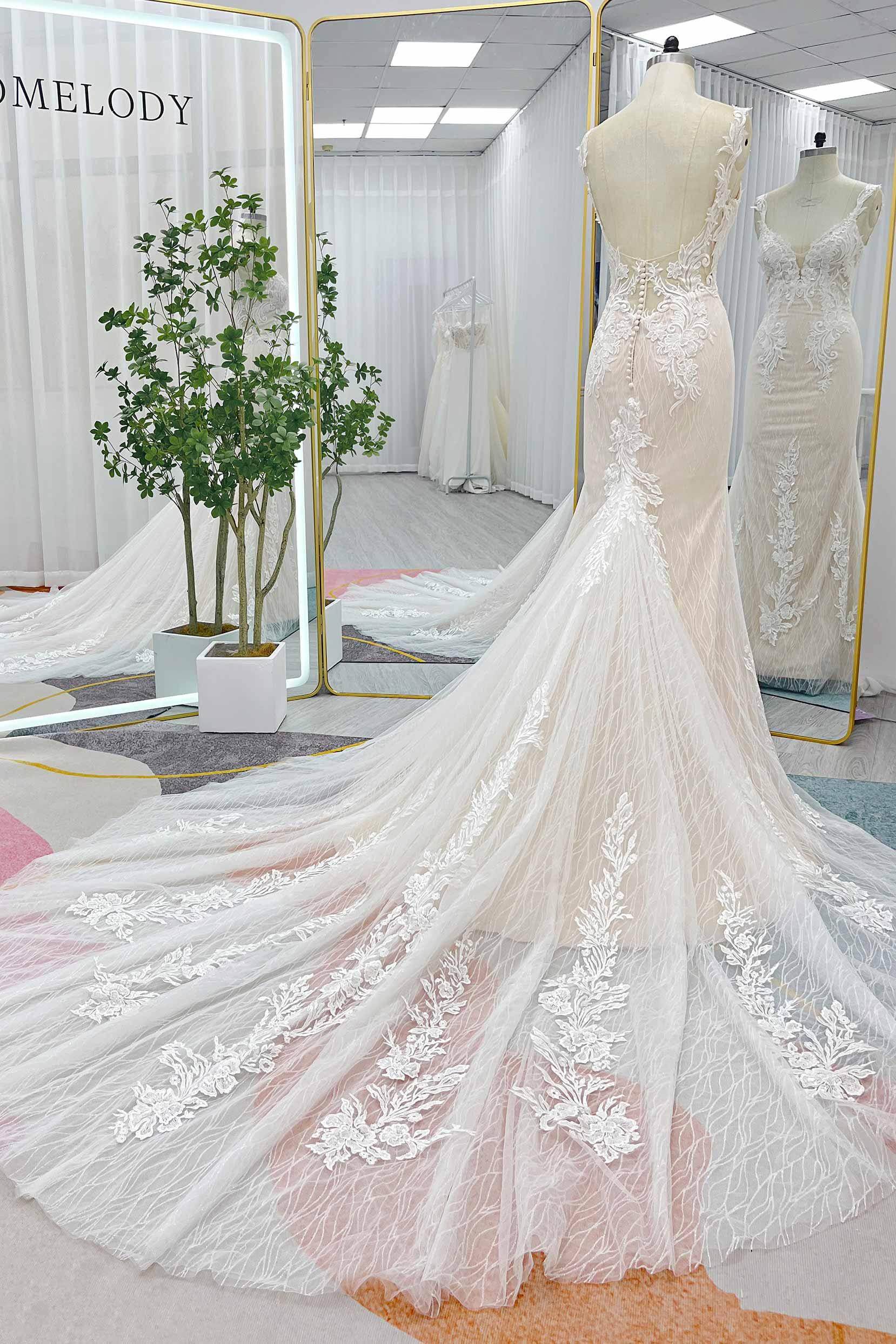 appliqued chantilly lace trumpet wedding dress Sweetheart Chantilly Lace Fit and Flare Wedding Gown Lotus Threads Bridal