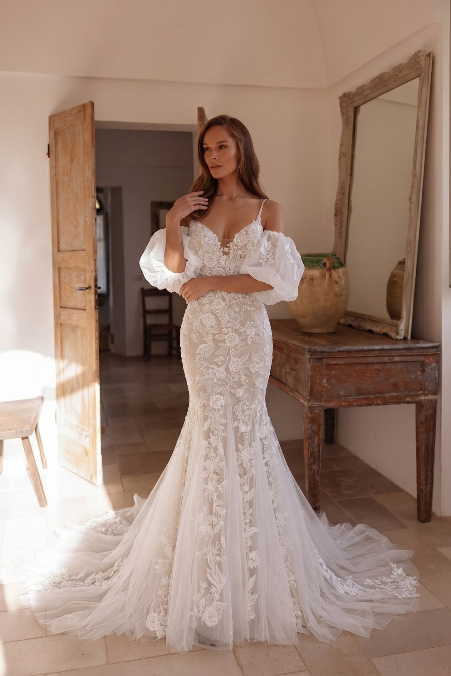 Trumpet-Mermaid Chapel Train Lace Tulle Wedding Dress CW3276