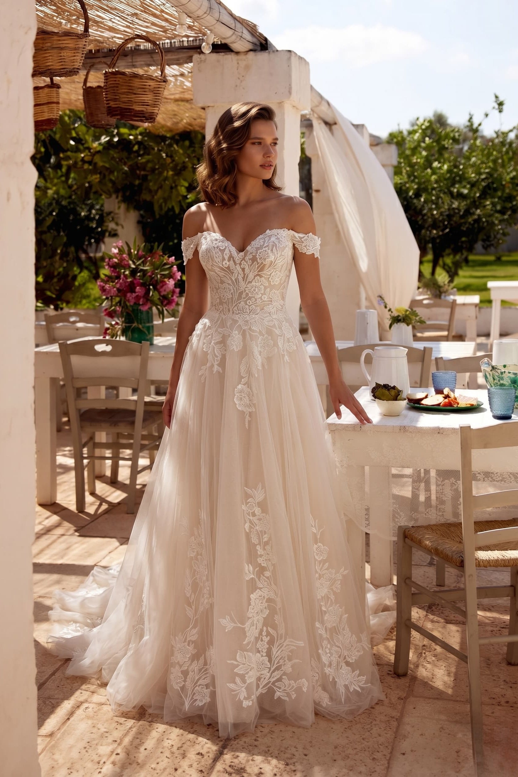Elegant A-Line Off the Shoulder Lace Wedding Dress Chapel Train