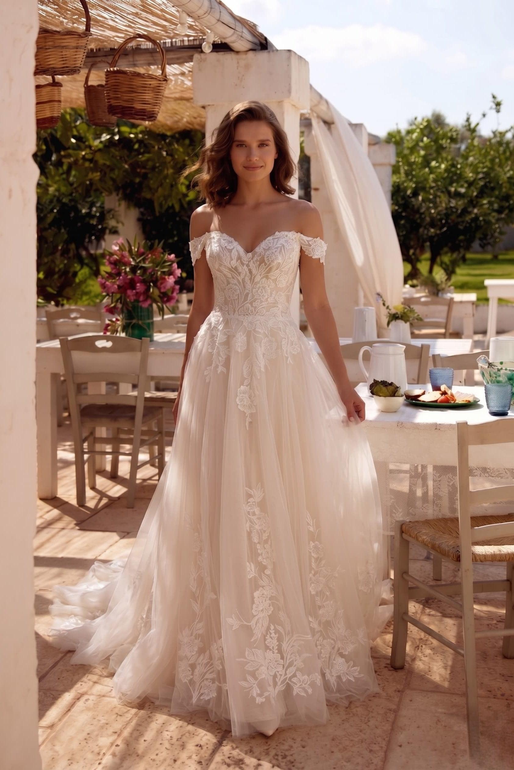 Elegant A-Line Off the Shoulder Lace Wedding Dress Chapel Train