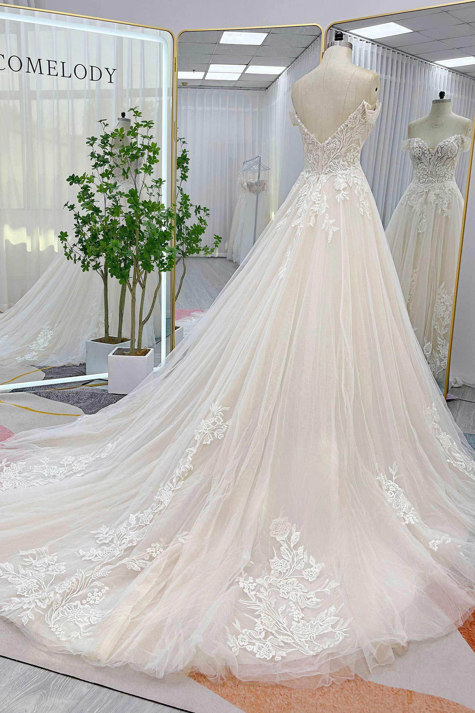 Elegant A-Line Off the Shoulder Lace Wedding Dress Chapel Train COCOMELODY CW3278, 45 Days / As Picture:Ivory/Nude / US10-UK12-EUR40 Elegant A-Line Off the Shoulder Lace Wedding Dress Chapel Train COCOMELODY CW3278, 45 Days / As Picture:Ivory/Nude / US10-UK12-EUR40