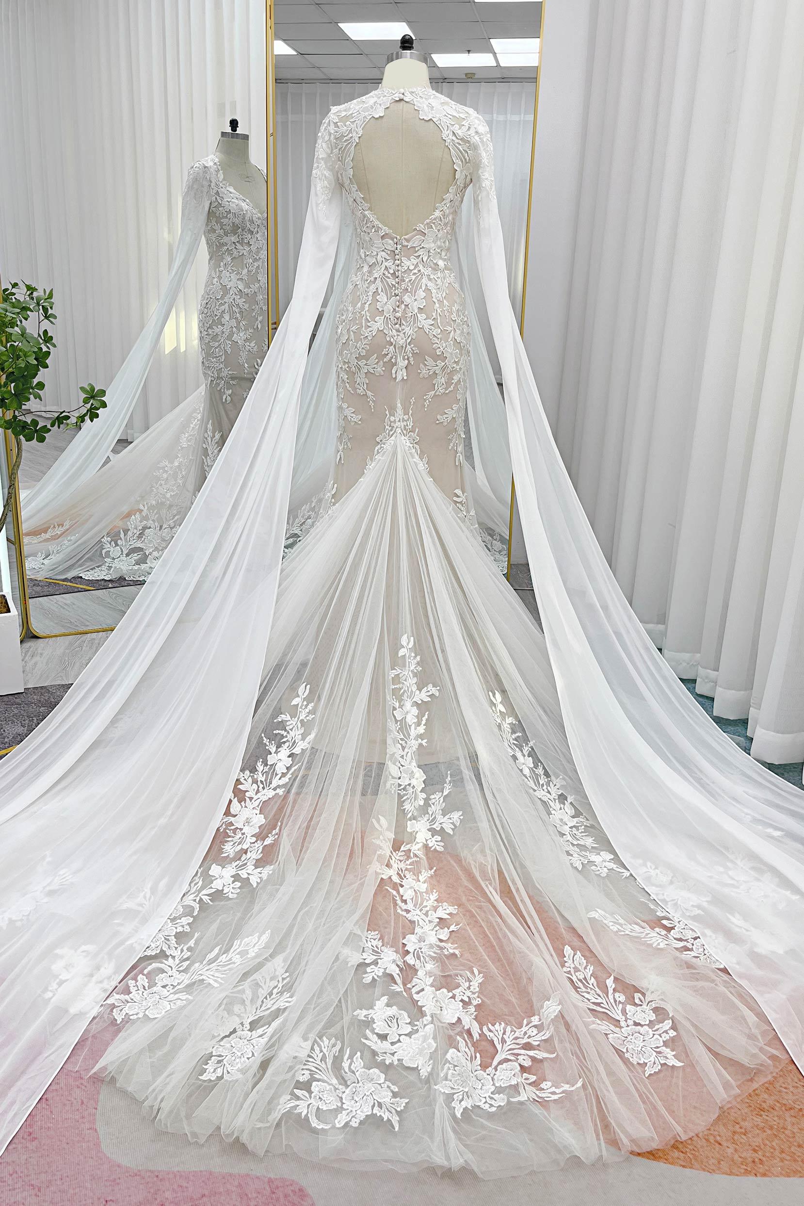 Trumpet-Mermaid Chapel Train Lace Tulle Wedding Dress CW3279 - COCOMELODY