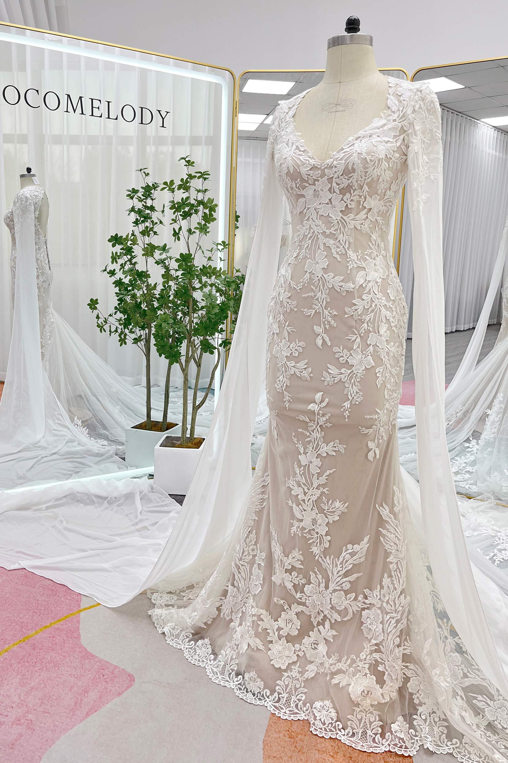 Trumpet-Mermaid Chapel Train Lace Tulle Wedding Dress CW3279 - COCOMELODY