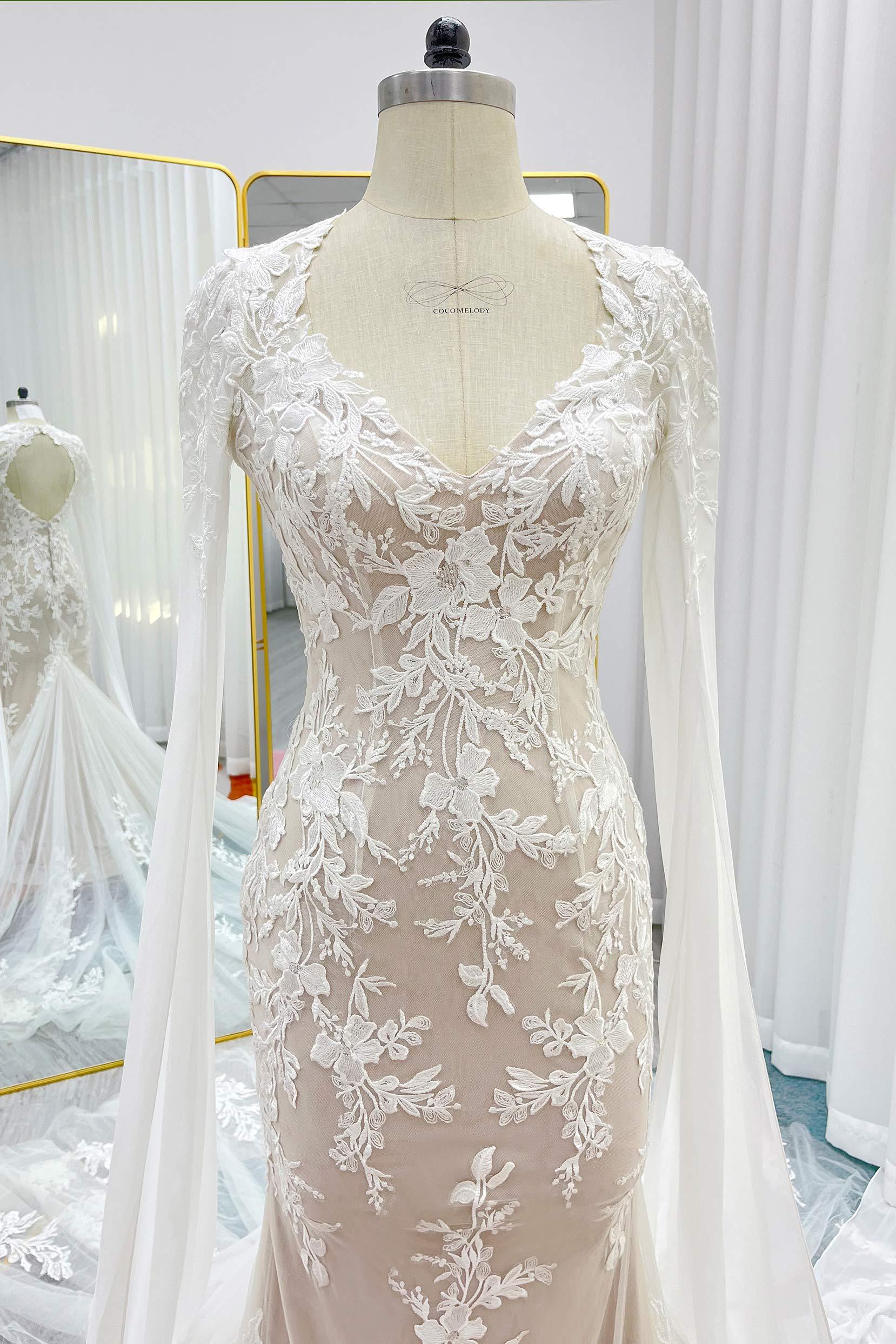 Trumpet-Mermaid Chapel Train Lace Tulle Wedding Dress CW3279 - COCOMELODY