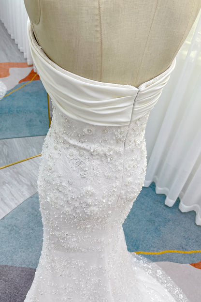 Trumpet-Mermaid Court Train Lace Satin Wedding Dress CW3280