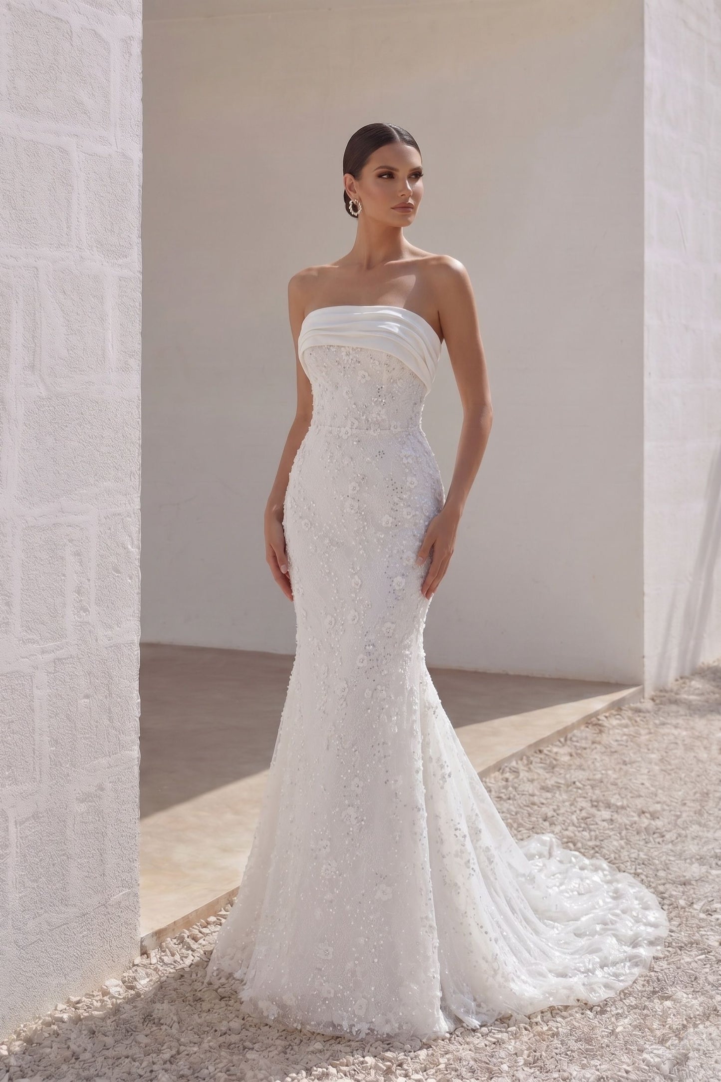 Trumpet-Mermaid Court Train Lace Satin Wedding Dress CW3280
