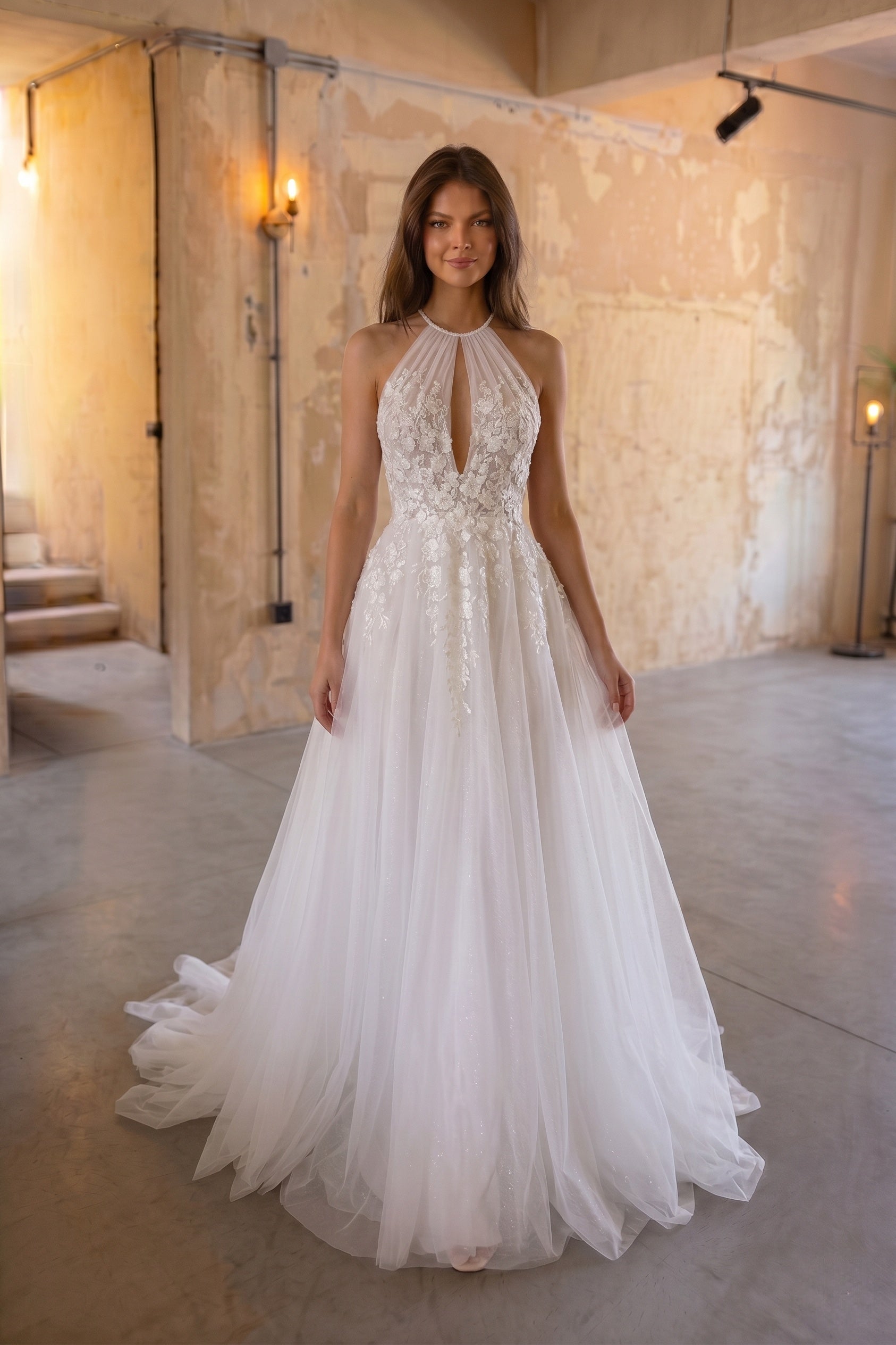 Halter A-Line Tulle Lace Wedding Dress with Beading and Court
